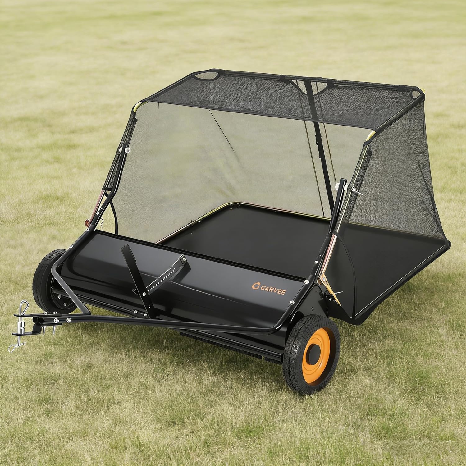 44 Inch Lawn Sweeper Tow Behind, 26 cu. ft Large Hopper Grass Sweeper Tow Behind, Heavy Duty Leaf & Grass Collector, Adjustable Brush Height Lever and Dumping Rope, Pull Behind Sweeper Yard