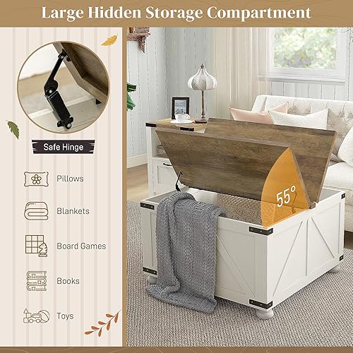 Miniatura 4 de HOMCOM Mesa de centro de granja con almacenamiento oculto en el interior mesa de centro cuadrada grande para muebles de sala de estar mesa central