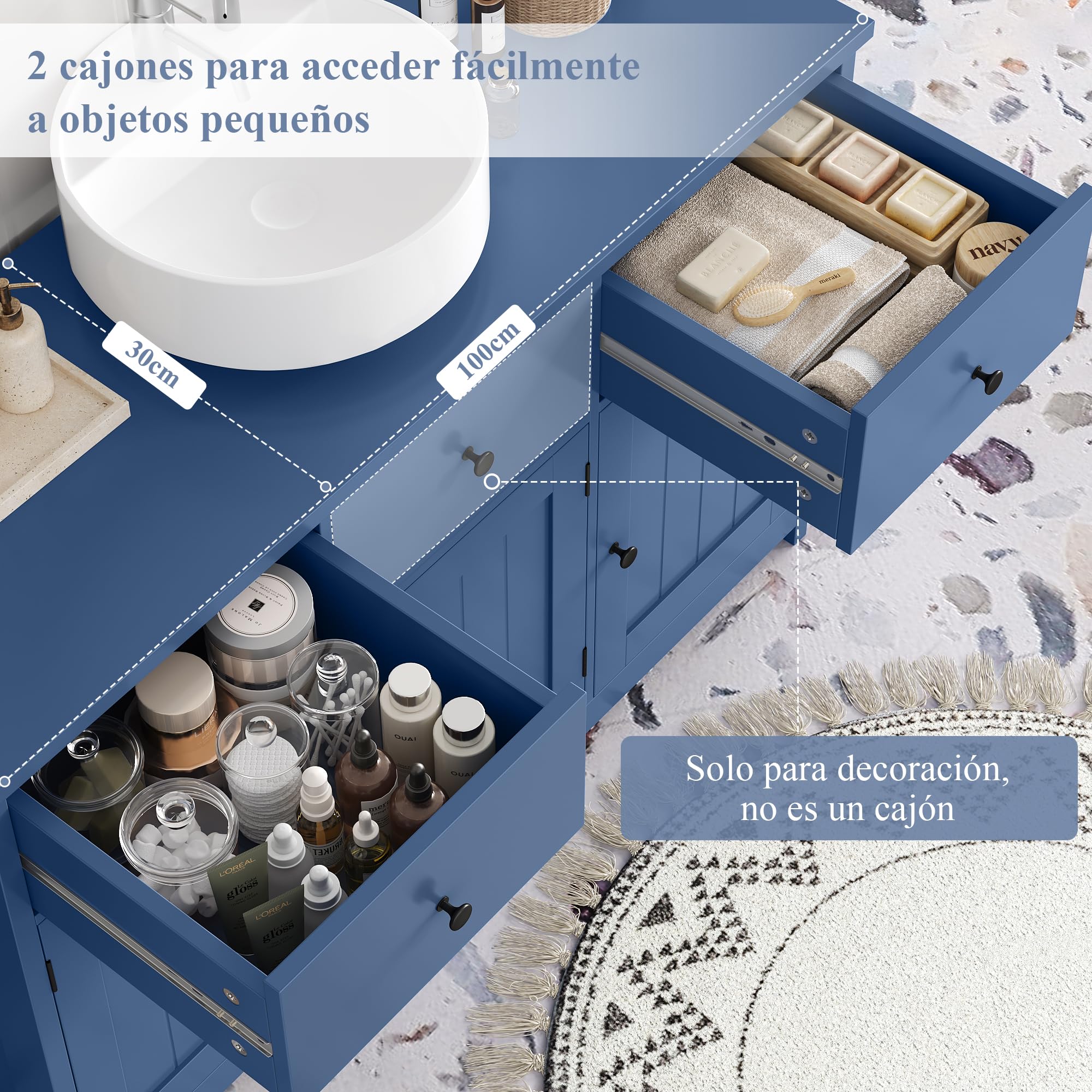 FOREHILL 100cm Mueble Bajo Lavabo, Mueble Baño, Mueble Lavabo con Pie, con 3 Puertas, 2 Cajones, 100 x 30 x 61 cm (Azul)