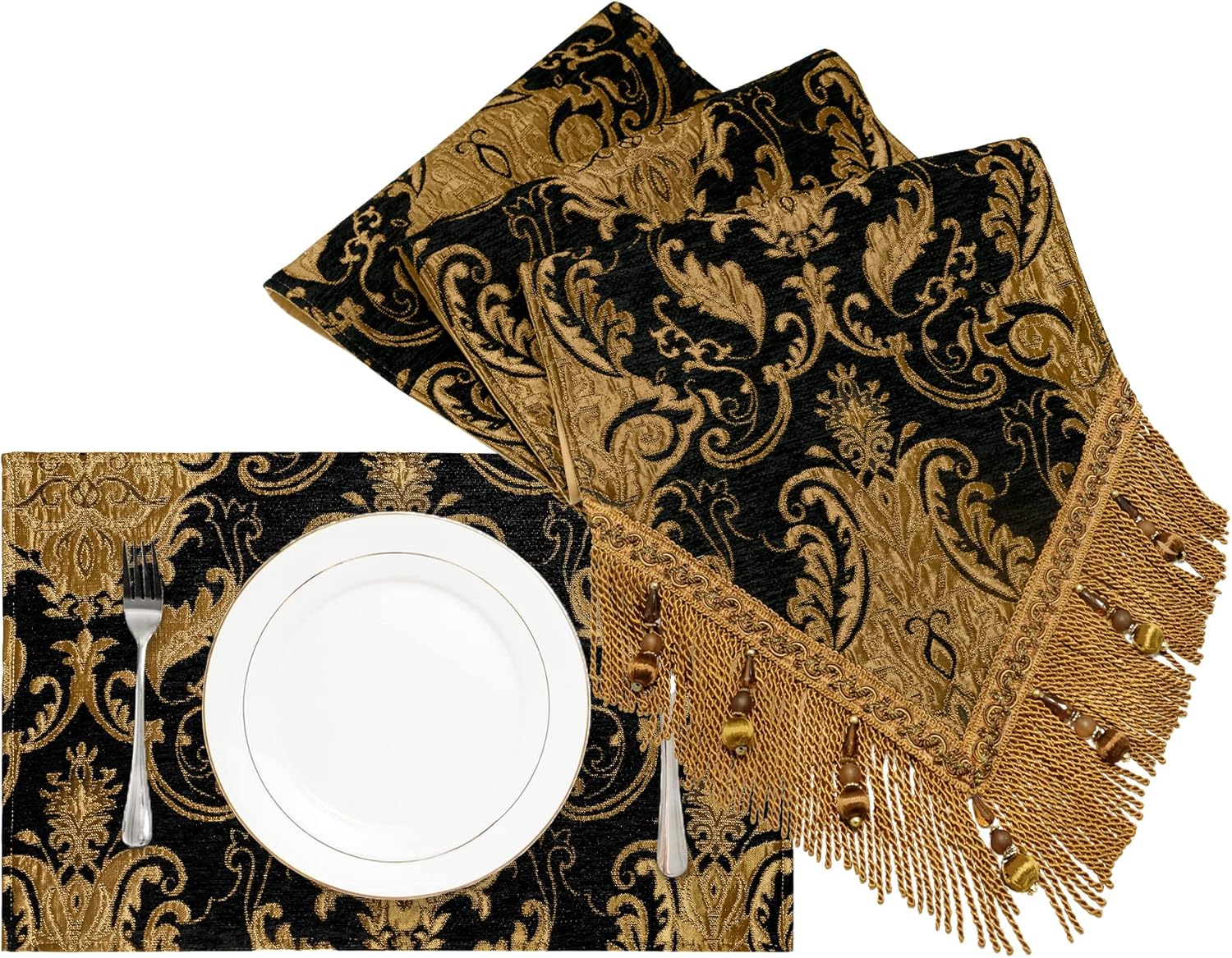 Loom and Mill Luxury Chenille Table Runner 90 Inches Long Bundles 4 PCS Damask Jacquard Table Place Mats, Handmade Multi-Tassels & Double-Layer, Perfect for Dining Table Dresser Party Banquet Decorati