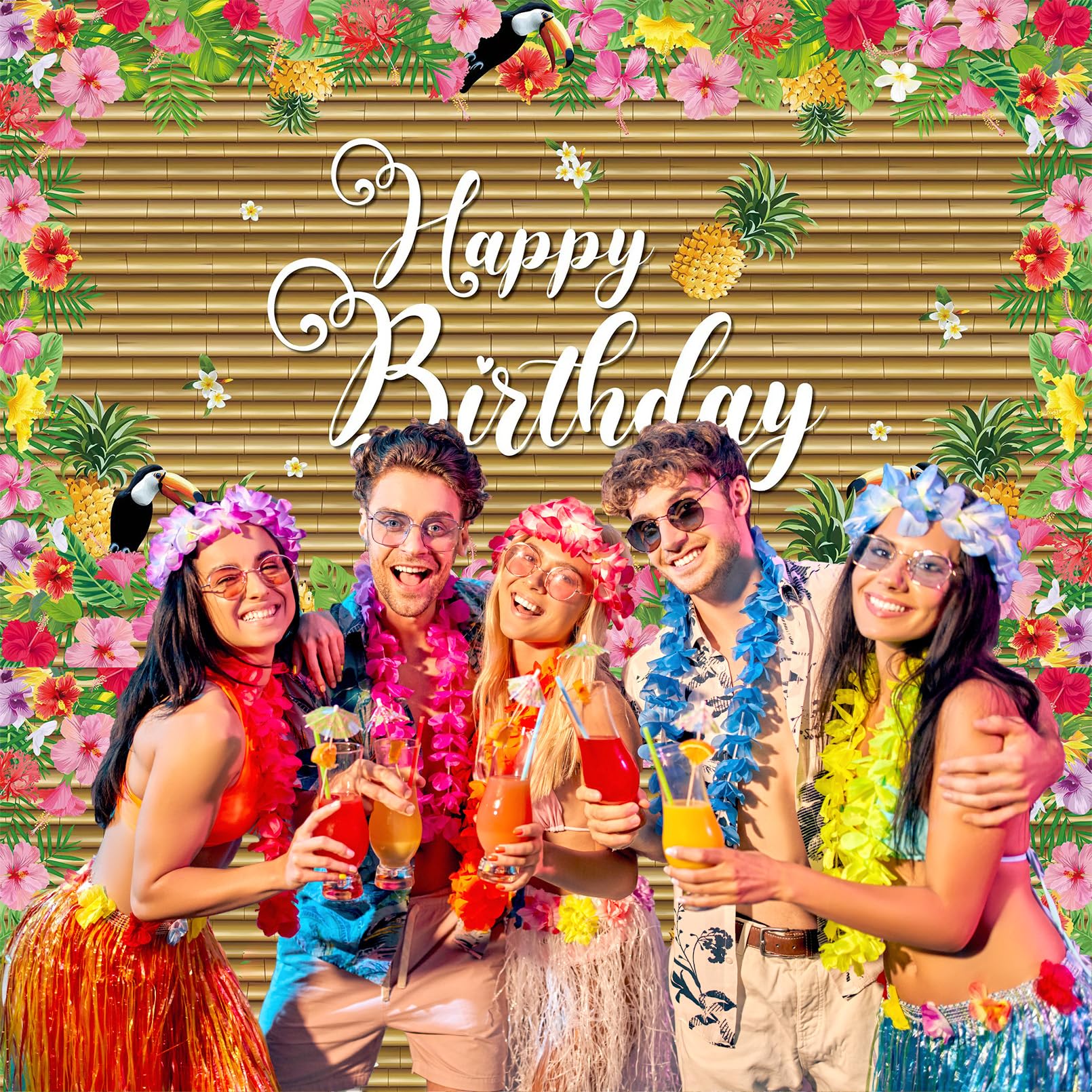 Decoración hawaiana de cumpleaños hawaiana, pancarta de feliz cumpleaños, pájaros tropicales y flores, decoración de cumpleaños, grande, hawaiano, tropical, verano, luau, telón de fondo de cumpleaños