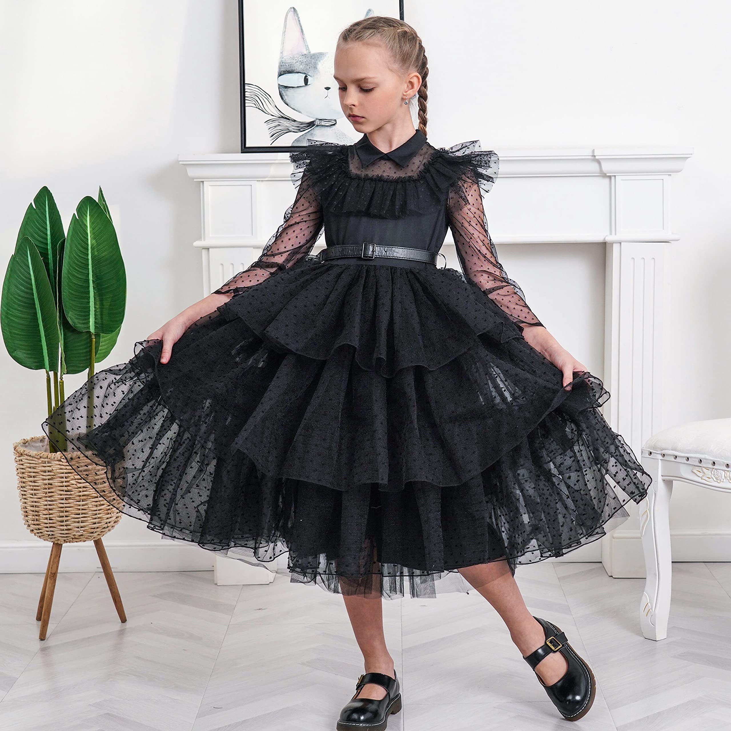 Dziewczęca Sukienka Czarny Sznurówka Długi rękaw Organza Wzburzyć Polka Pas 10 lat