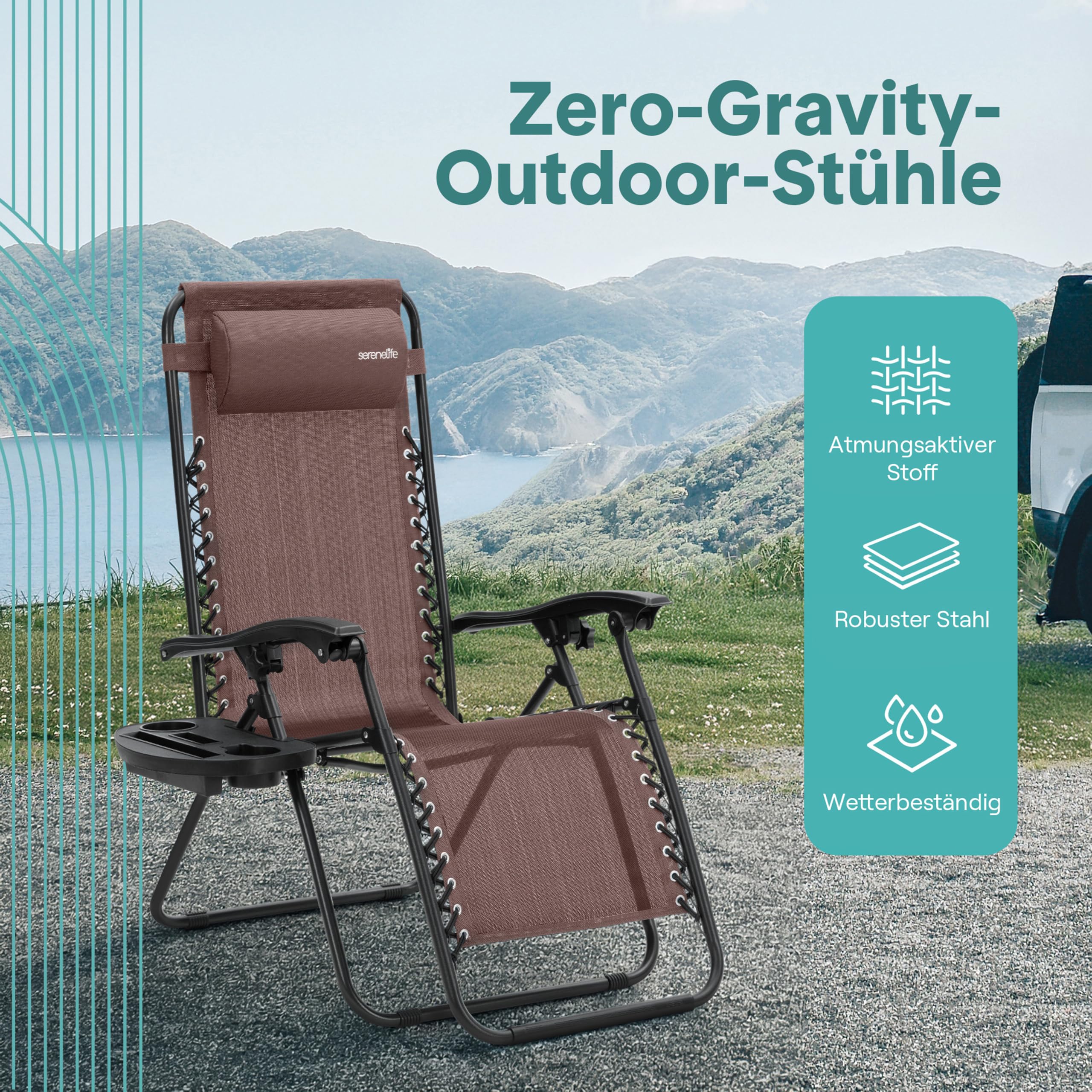 SereneLife Sonnenliege Klappbar 2er Set, Zero Gravity Liegestuhl Garten, bis 120 kg Braun, Verstellbar und Wetterfest, mit Tisch Getränkehalter und Kopfkissen, für Balkon Terrasse Camping Strand Relax