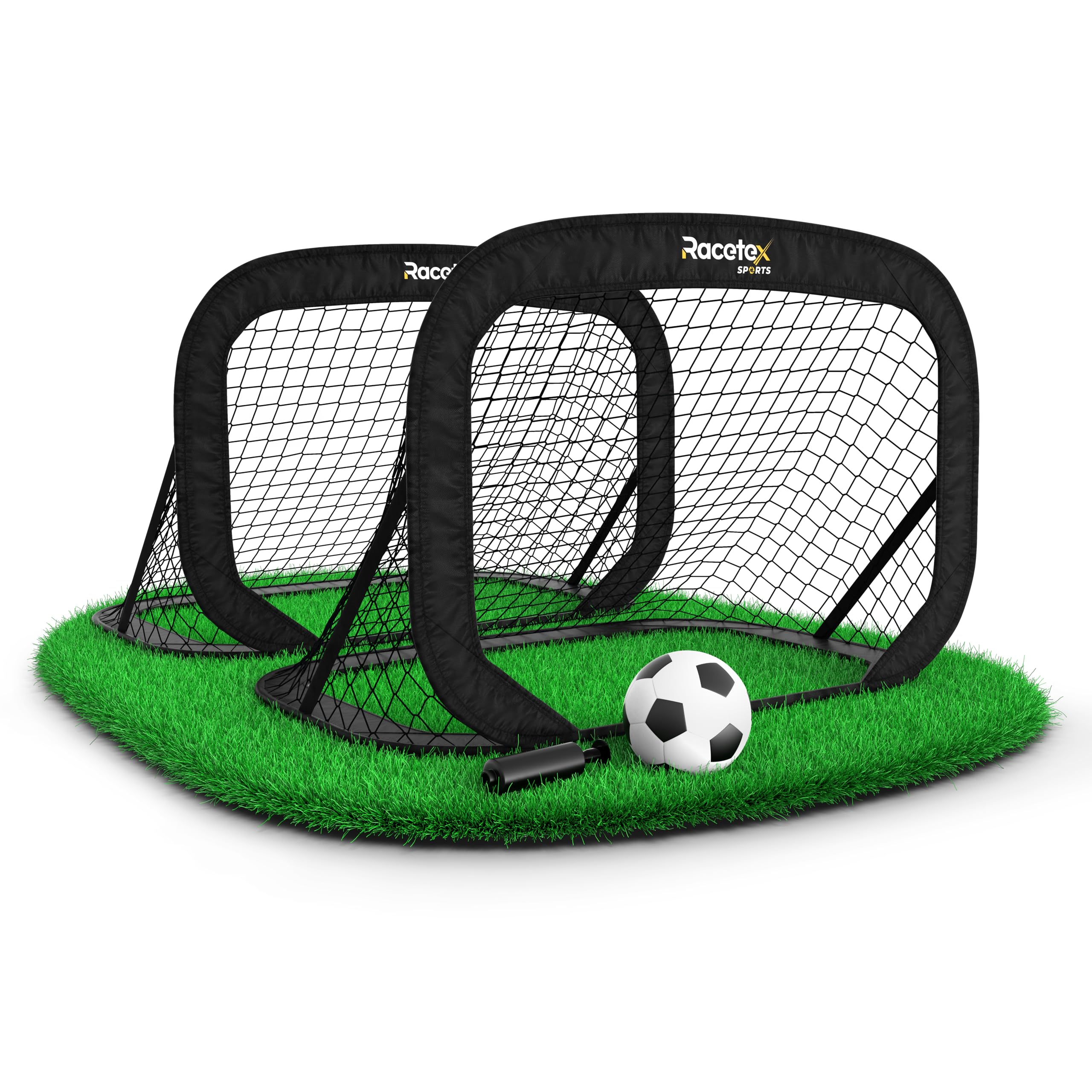 Racetex Lot de 2 buts de football pour enfants avec barres en fibre de verre renforcées, ballon, pompe, ancrage au sol et sac de transport
