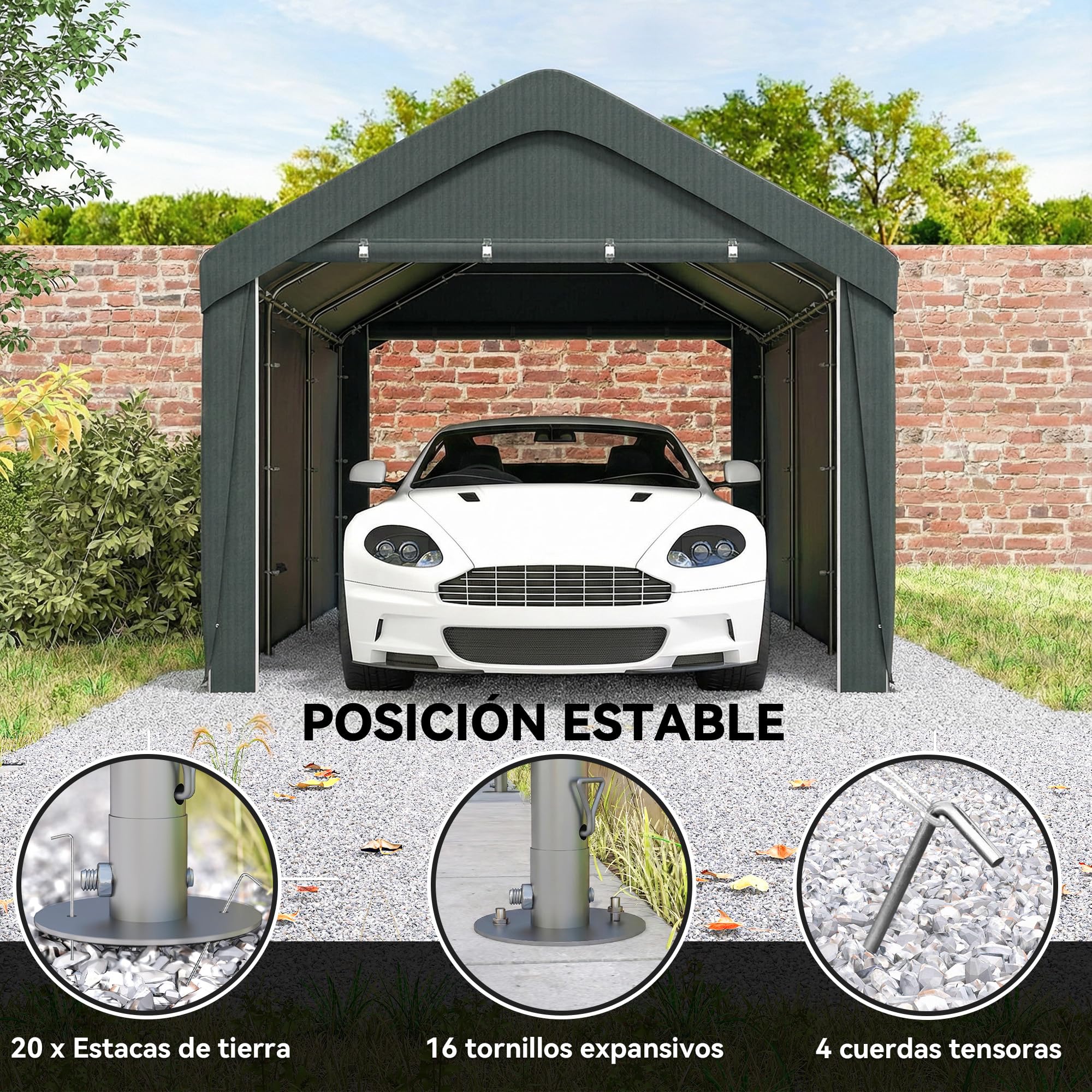 Outsunny Carpa Garaje Portátil 3x6 m Impermeable para Coche Gris Oscuro | Anti-UV, Paredes Laterales Desmontables, 2 Puertas Enrollables, Garaje Exterior, Cobertizo para Herramientas de Jardín