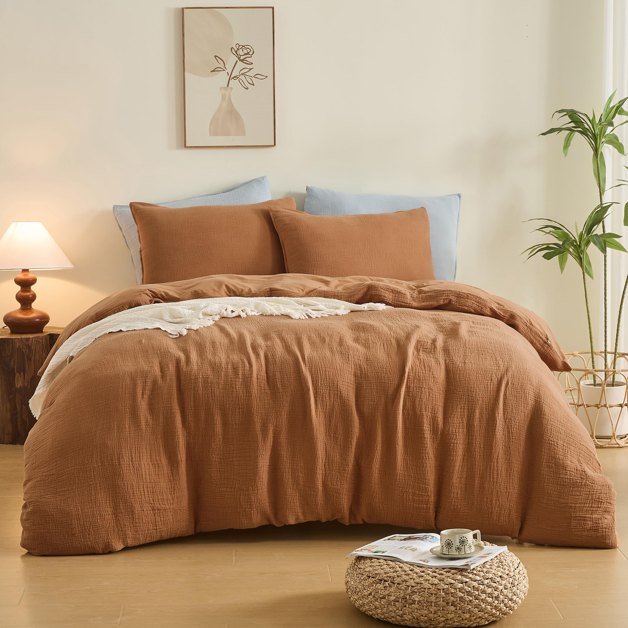 Simple&Opulence Linen Muslin Duvet Cover Set Queen Size, 3Pcs Rust Linen Cotton 3-Layer Gauze Minimalist Comforter Cover 88”x92”, Ultra Soft