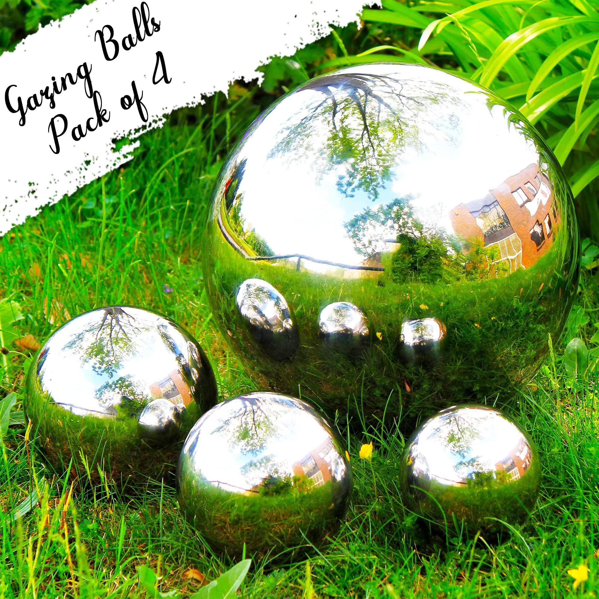 Homatz4 Pcs Stainless Steel Gazing Ball, 10-20 cm Polished Hollow Reflective Ball – Garden Sphere Floating Pond Mirror Ball for Garden Ornament Decorations