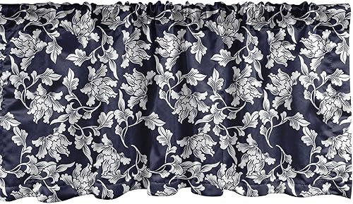 Ambesonne Cenefa de ventana azul marino, arreglo floral, patrón de follaje botánico, composición japonesa, cenefa de cortina para decoración de