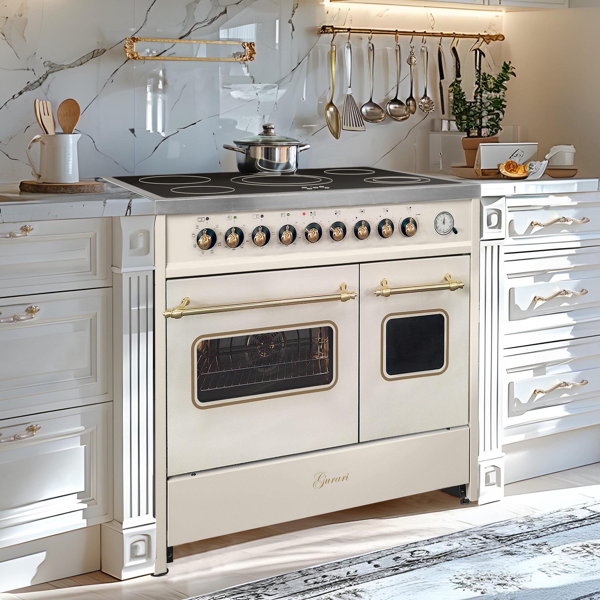 GURARI Electric cooker GCH E 912 DF Cr r+GCH C 046 BG 9, 90 cm with telescopic extension 1 compartment, double oven + extractor hood 90 cm