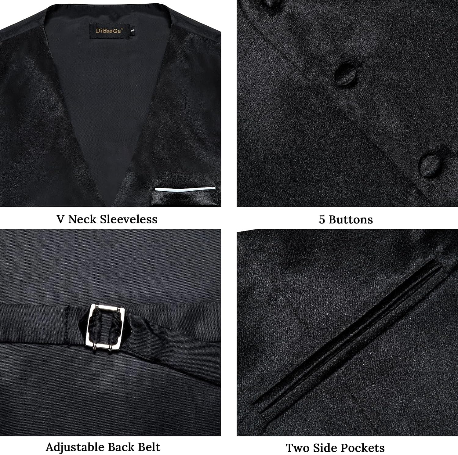 DiBanGu Mens Satin Suit Vest and Tie Set 8PCS Solid Waistcoat and Bowtie with Lapel Pin for Tuxedo Dress Vest Wedding Formal