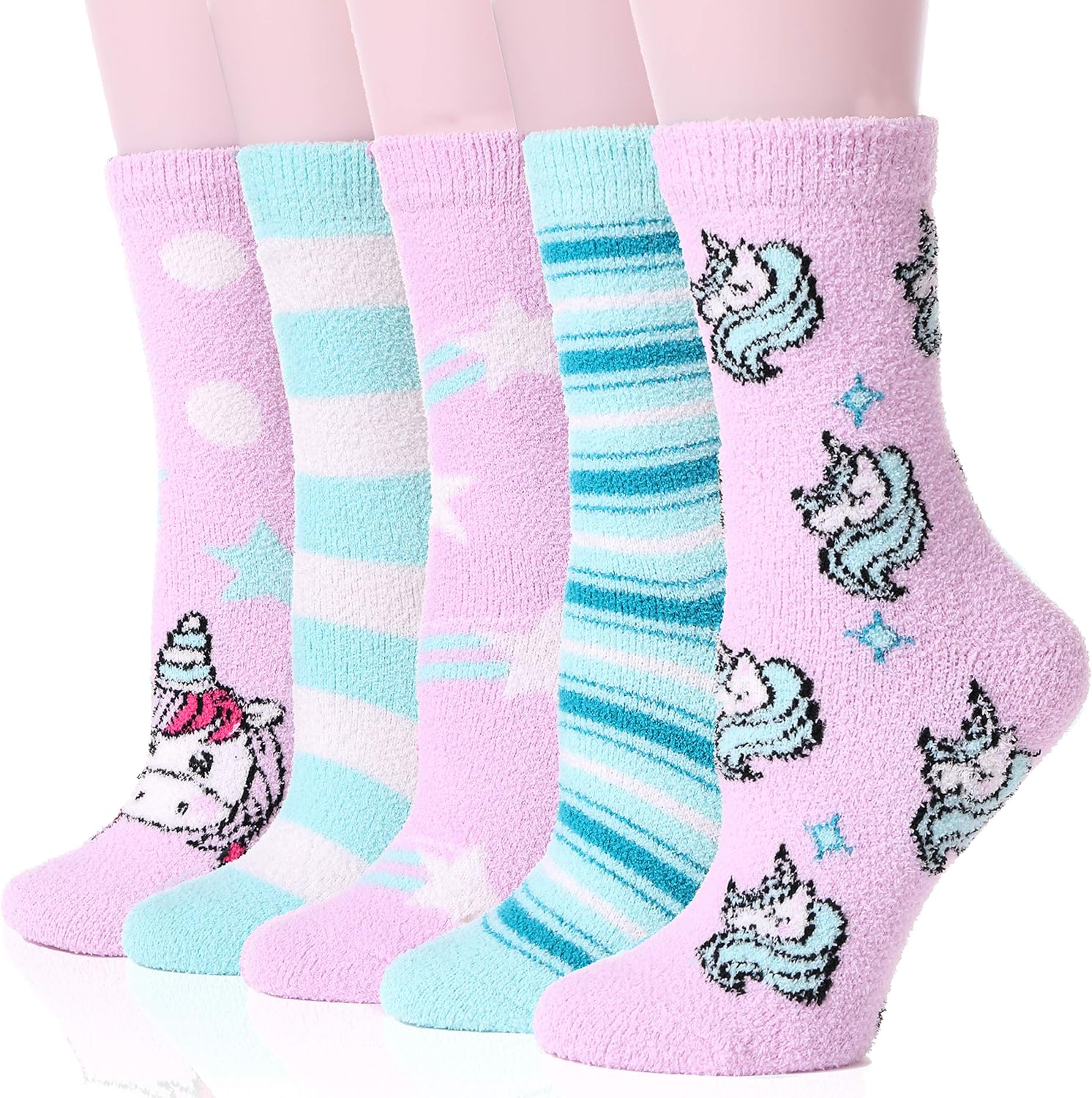 Womens Fuzzy Socks Slipper Soft Cabin Plush Warm Fluffy Winter Christmas Sleep Stocking Stuffers Cozy Adult Socks（Unicorn(5 Pairs)）