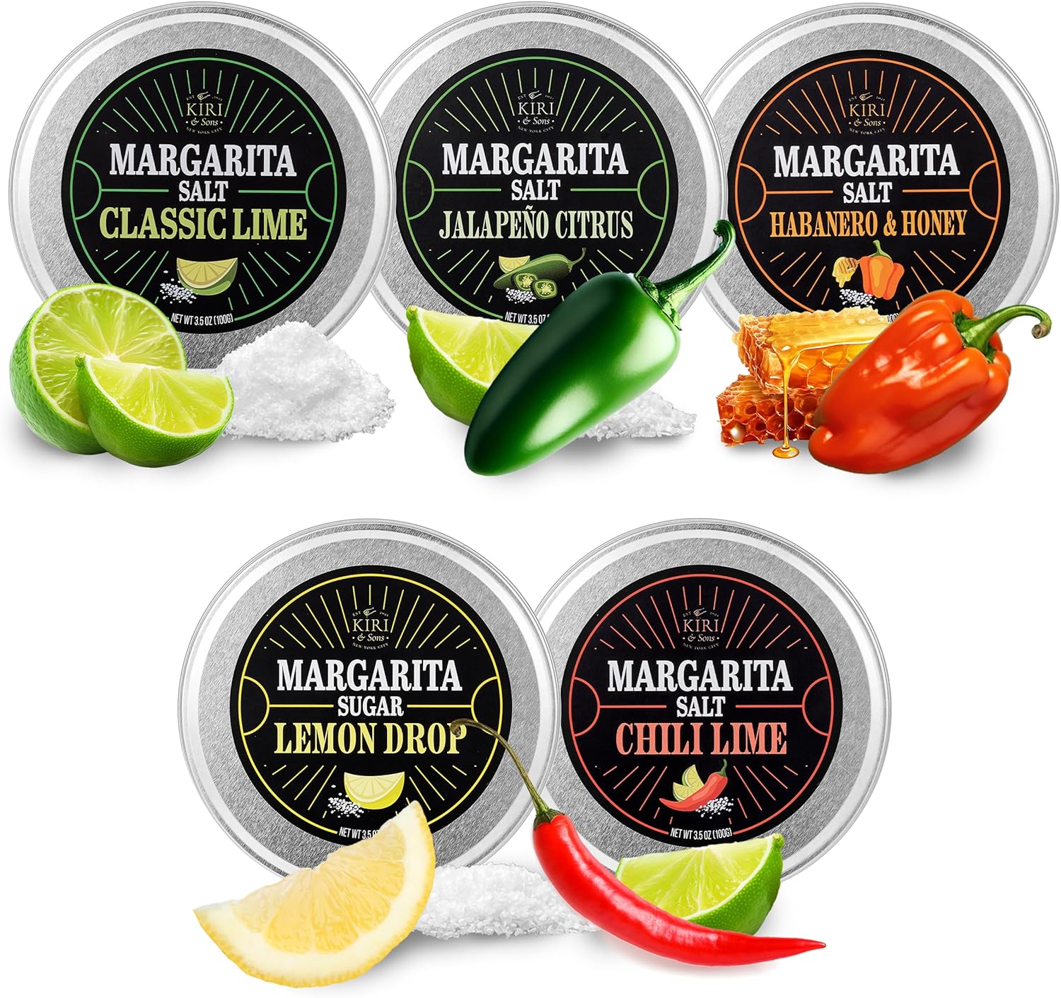 5-Pack Premium Margarita & Cocktail Flavored Salt Rimmer, Variety Set 3.5oz - Chili Lime, Lemon Drop Sugar, Lime, Habanero & Honey, Jalapeno Citrus - No Silicon Dioxide, Easy Screw-On Lid, Kiri & Sons
