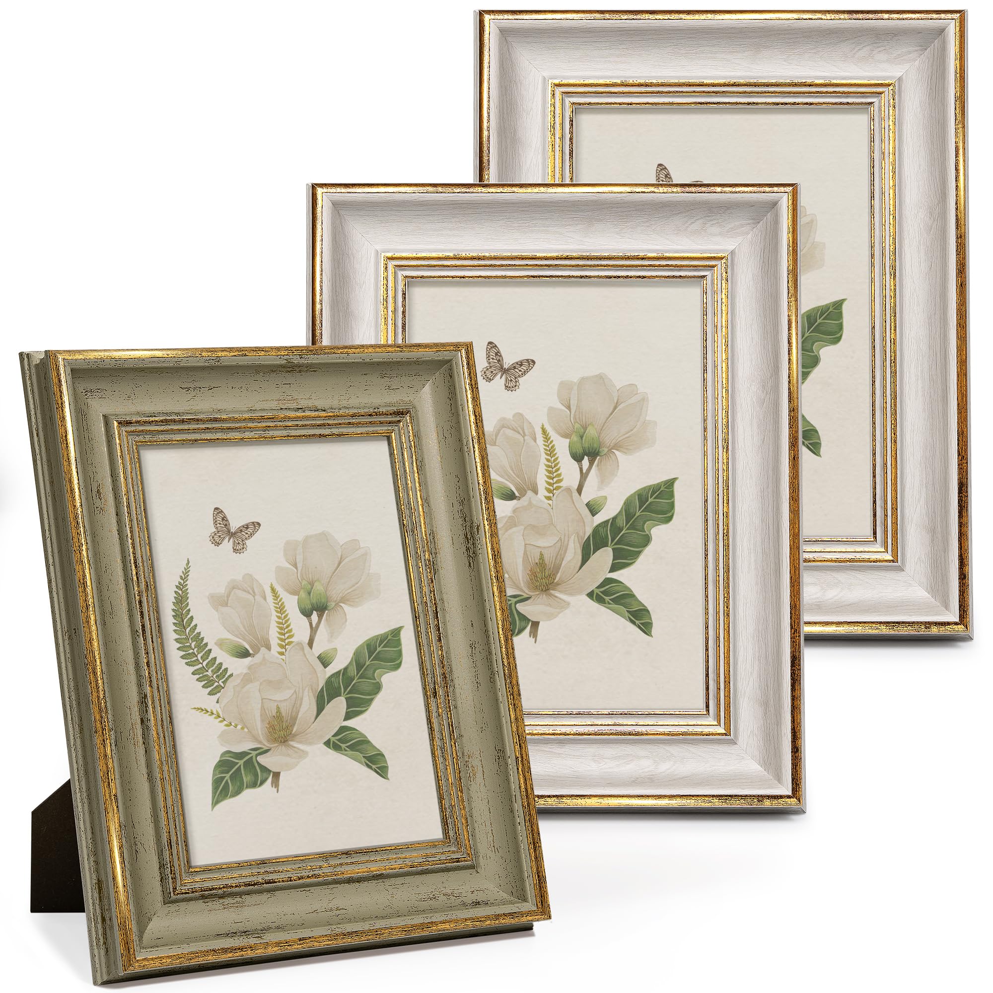 Sapowerntus Vintage 5x7 Picture Frames Set of 3, Farmhouse Rustic Photo Frame Real Glass Wall Hanging Tabletop Display Wall Decor Elegant Victoria Retro Gift, 2 x White+1 x Green