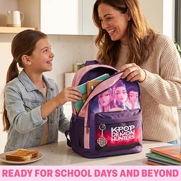 Get Trend Huntrix Kpop Demon Hunters Girls Large Backpack, 46cm School Bag | Adjustable Straps Bookbag, Lightweight Travel Sports Rucksack, School Supplies, Kpop Gifts for Girls (Purple/Pink)