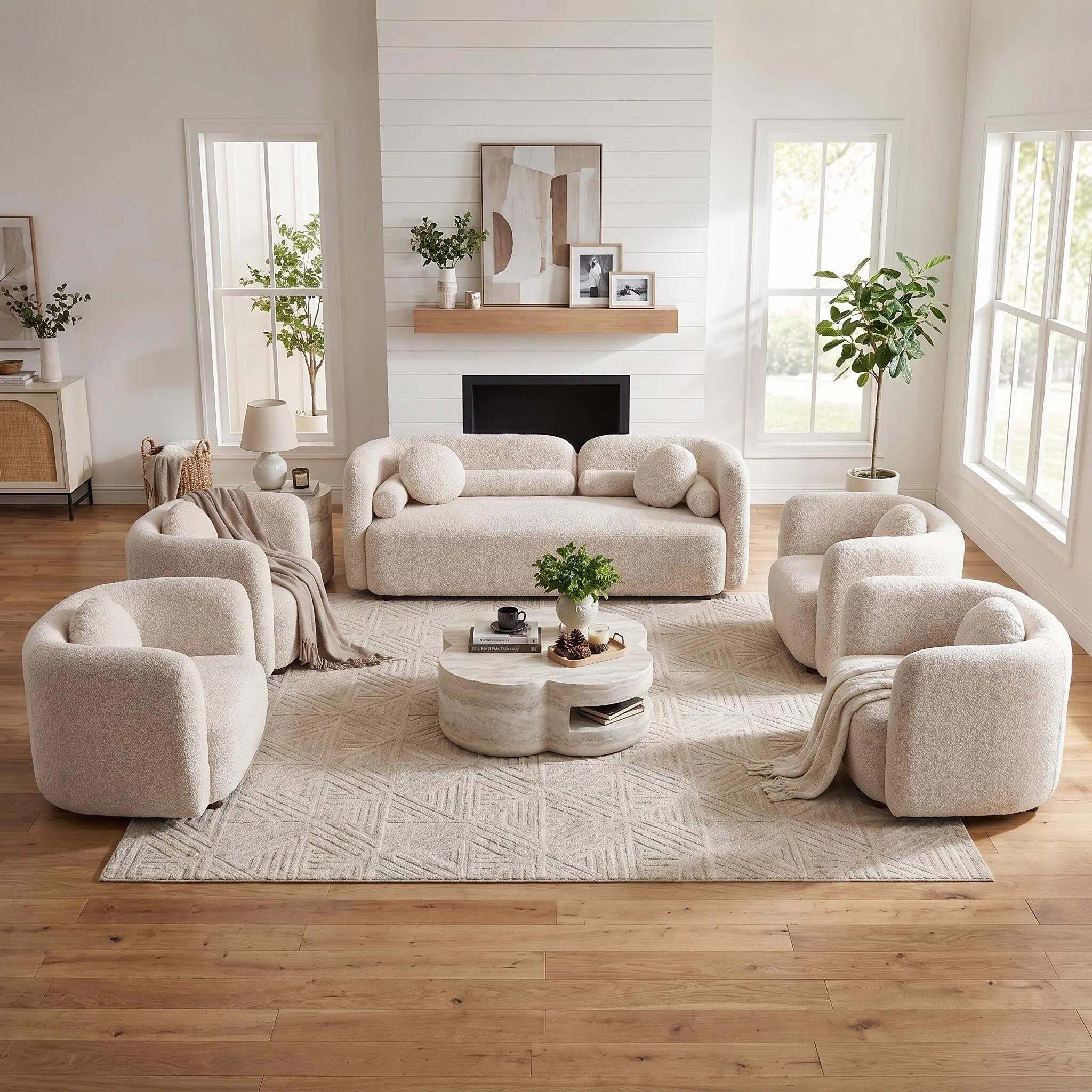 5-Piece Curved Couch Set, Beige Boucle Sofa &amp; 4 Accent Chairs