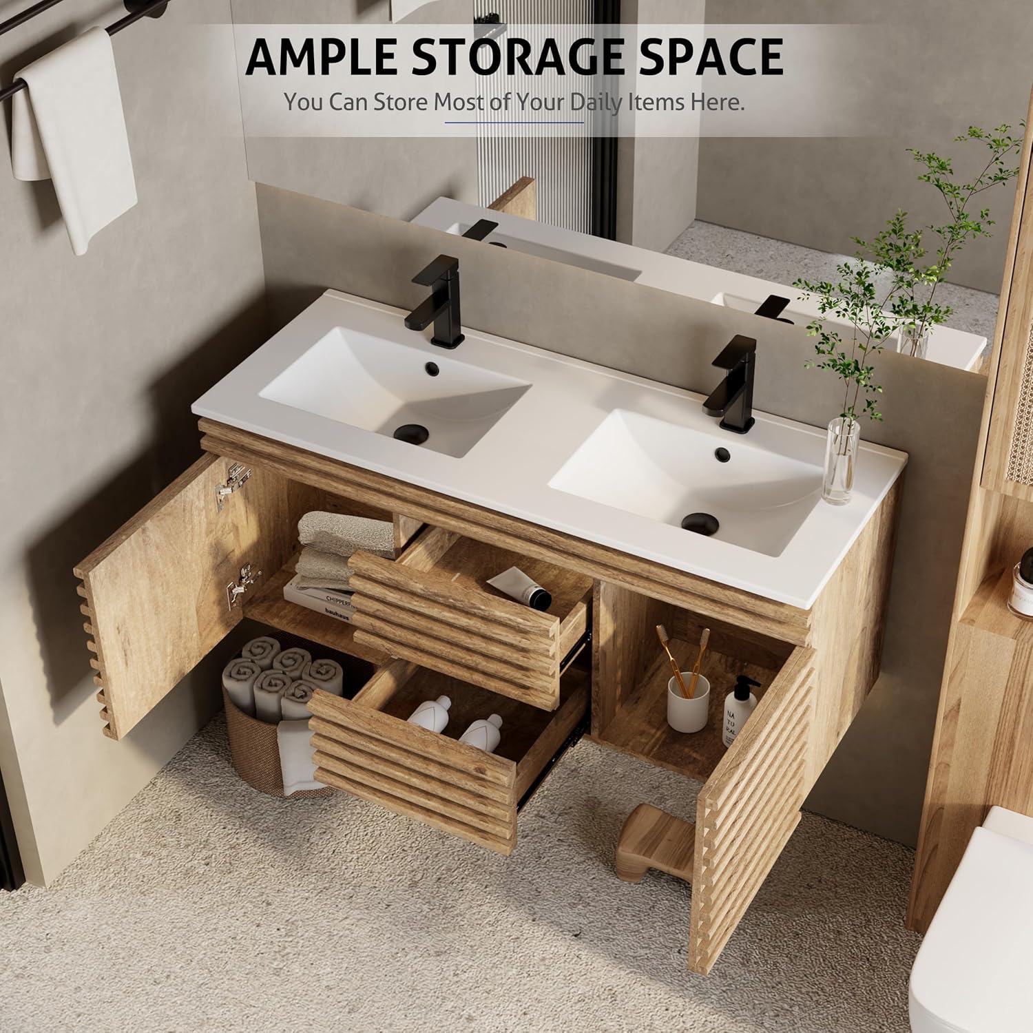 eclife 48" Floating Bathroom Vanity with Sink Combo Mid-Century Wall Mounted Cabinet with Wood Stripes Decor, Drawers, Undermount Double Sink, Faucet, Drain, Light Walnut