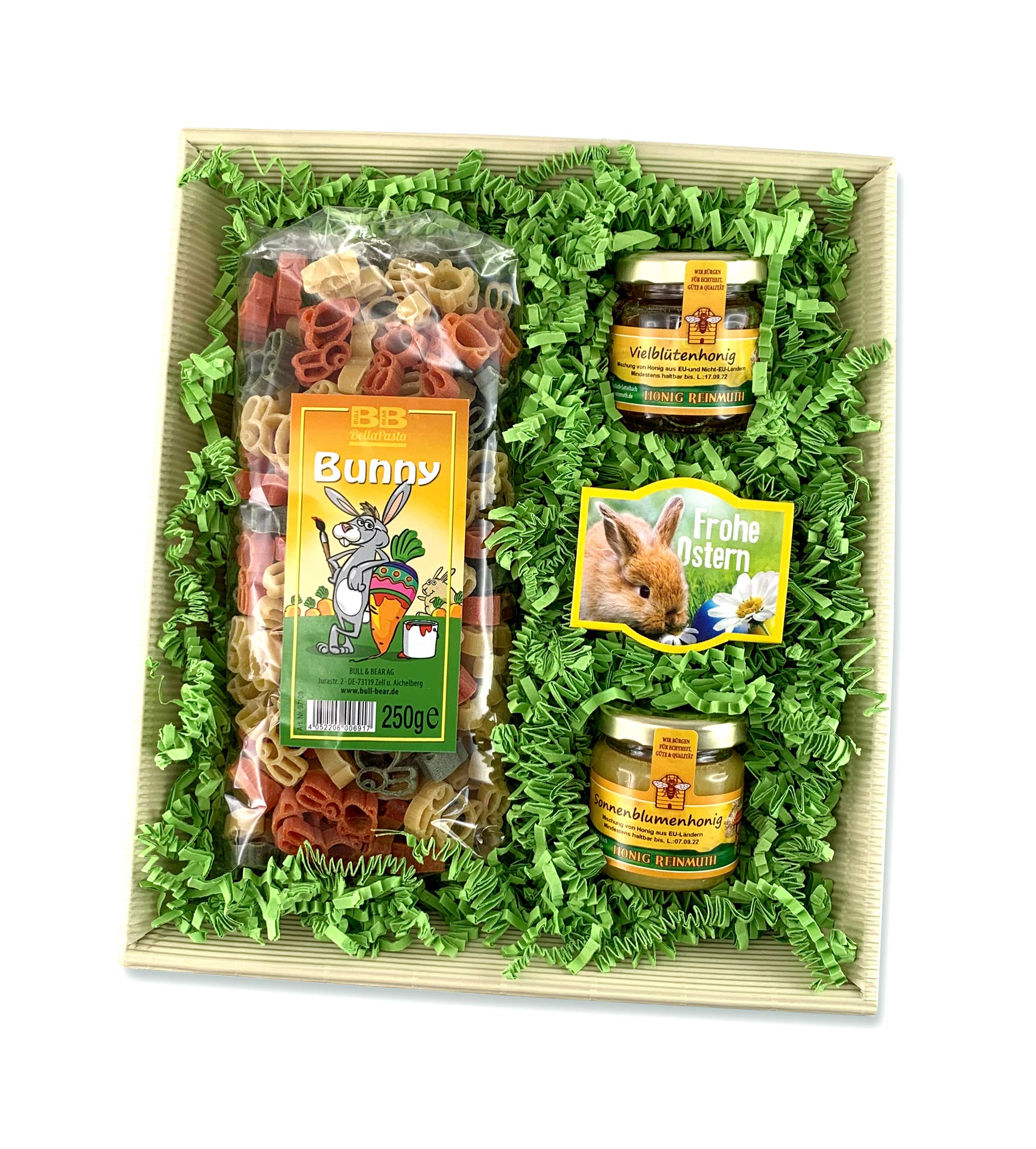 Bull & Bear Geschenkkorb mit Osterhasen Motivnudeln 250g, zwei Gläsern Honig und Frohe Ostern Blumensamen, Geschenk zu Ostern