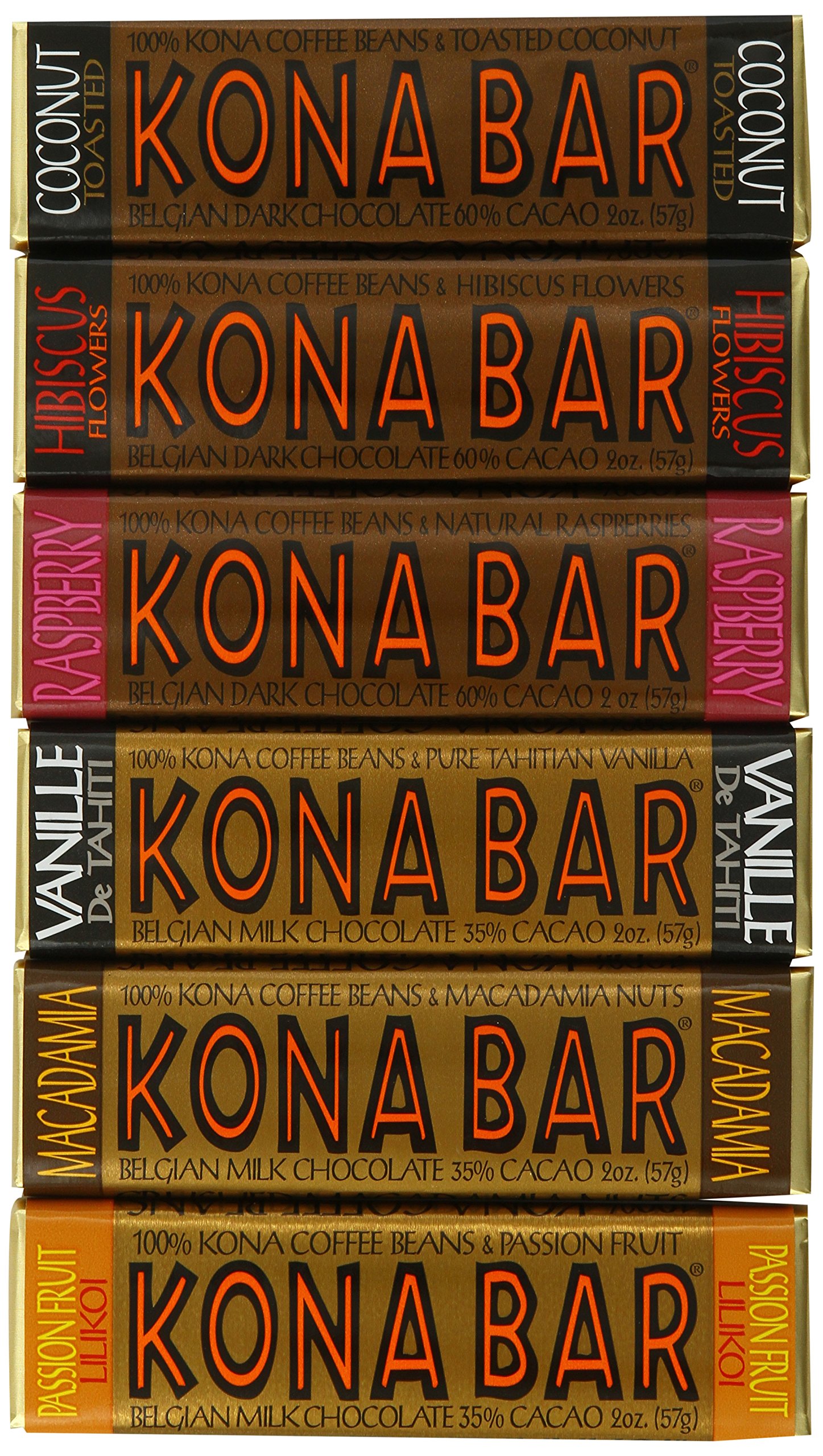 Kona Bar Chocolate Coffee Bar's "luau" Variety Pack All Flavors, 6 Count (Pack of 6)