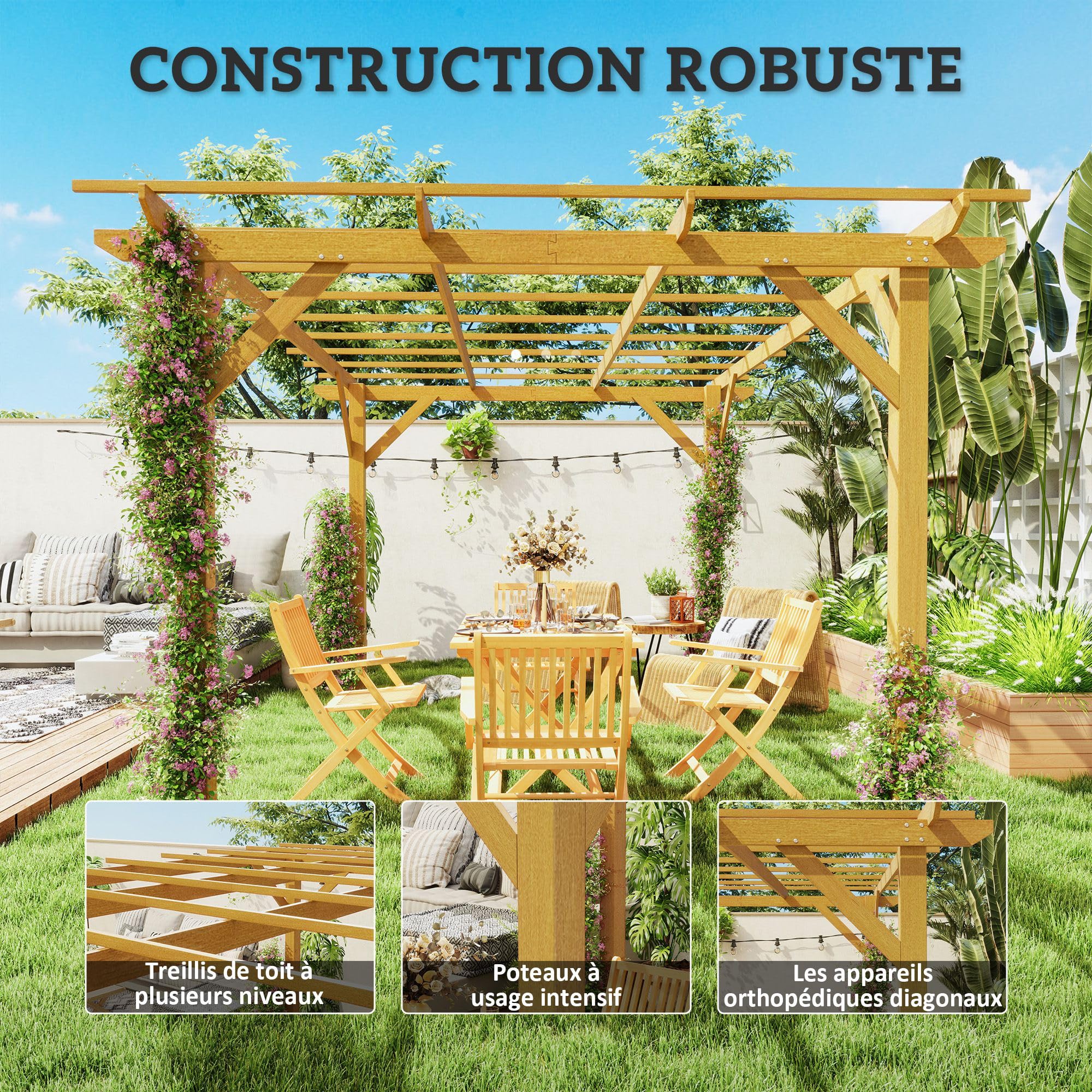 Outsunny Pergola Jardin Exterieur 3 x 4 m Pergola en Bois Naturel