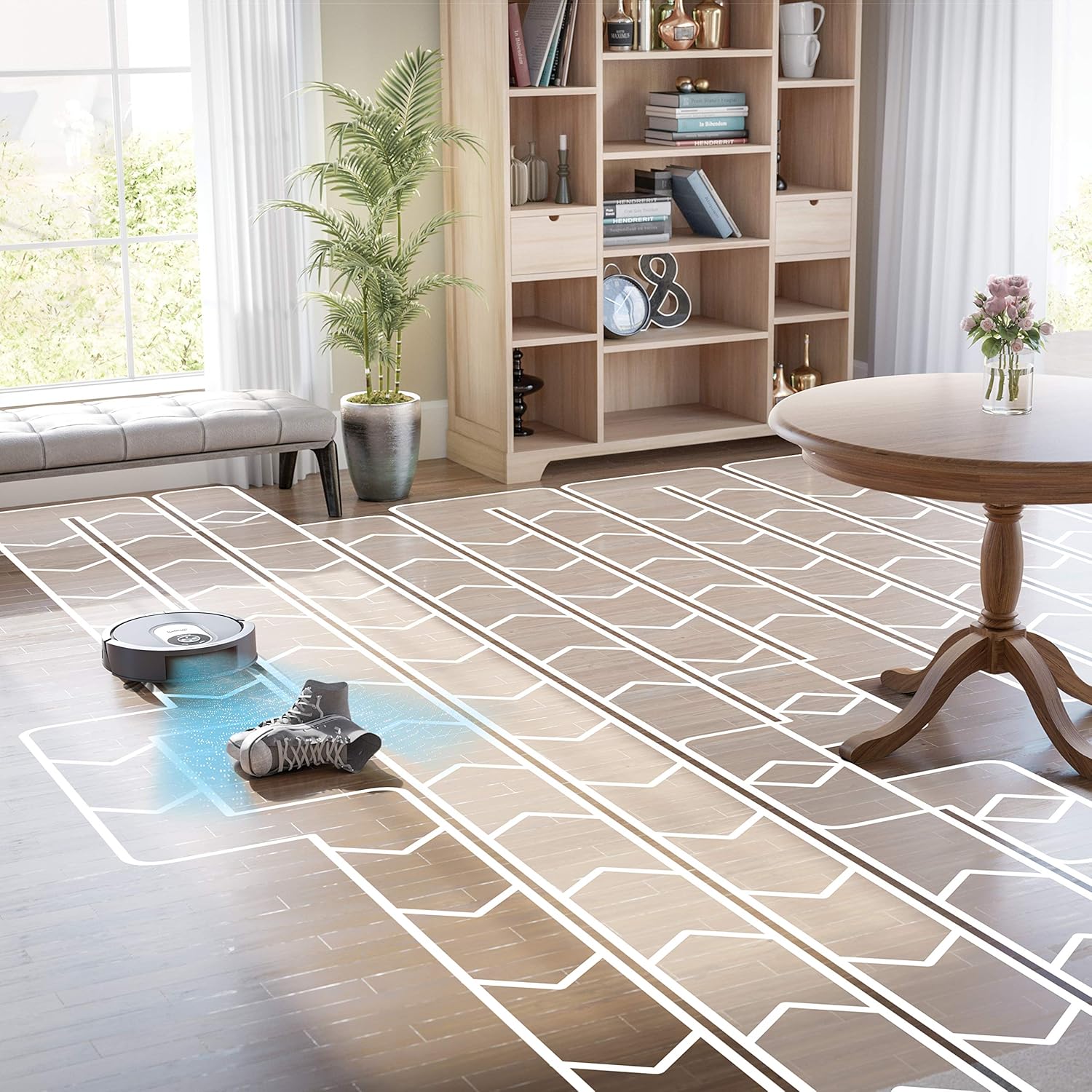 Shark AI Robot VACMOP PRO avoiding shoes while cleaning in rows