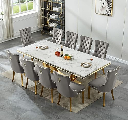 Miniatura 35 de Juego de mesa de comedor de mármol de 9 piezas para mesa de comedor grande de mármol blanco de 8 y 94 pulgadas con base de acero inoxidable en forma