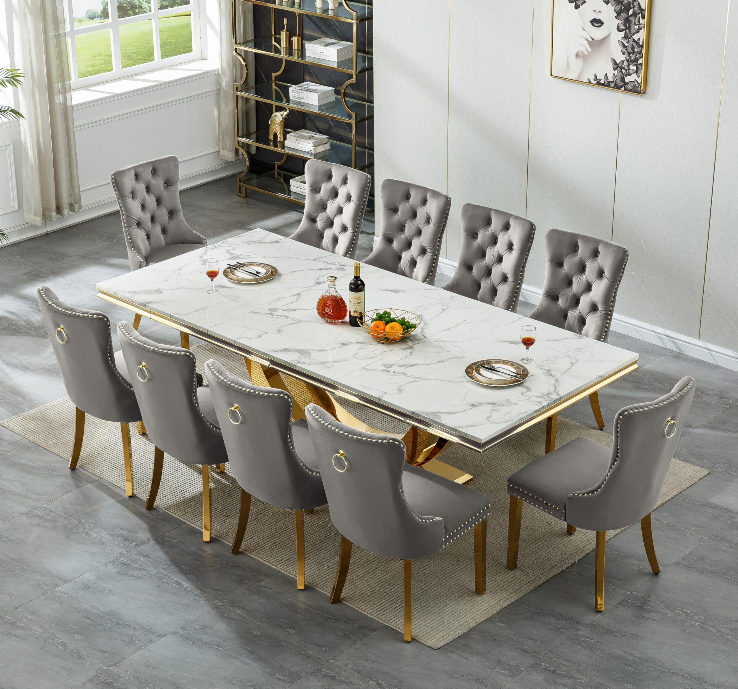 94.5" Large Marble Dining Table Set for 10, Luxury White Gold Kitchen Table with 10 Grey Velvet Dining Chairs, Modern Fuax Marble 11-Piece Dining Room Table Set for 10 w/Stainless Steel U-Base