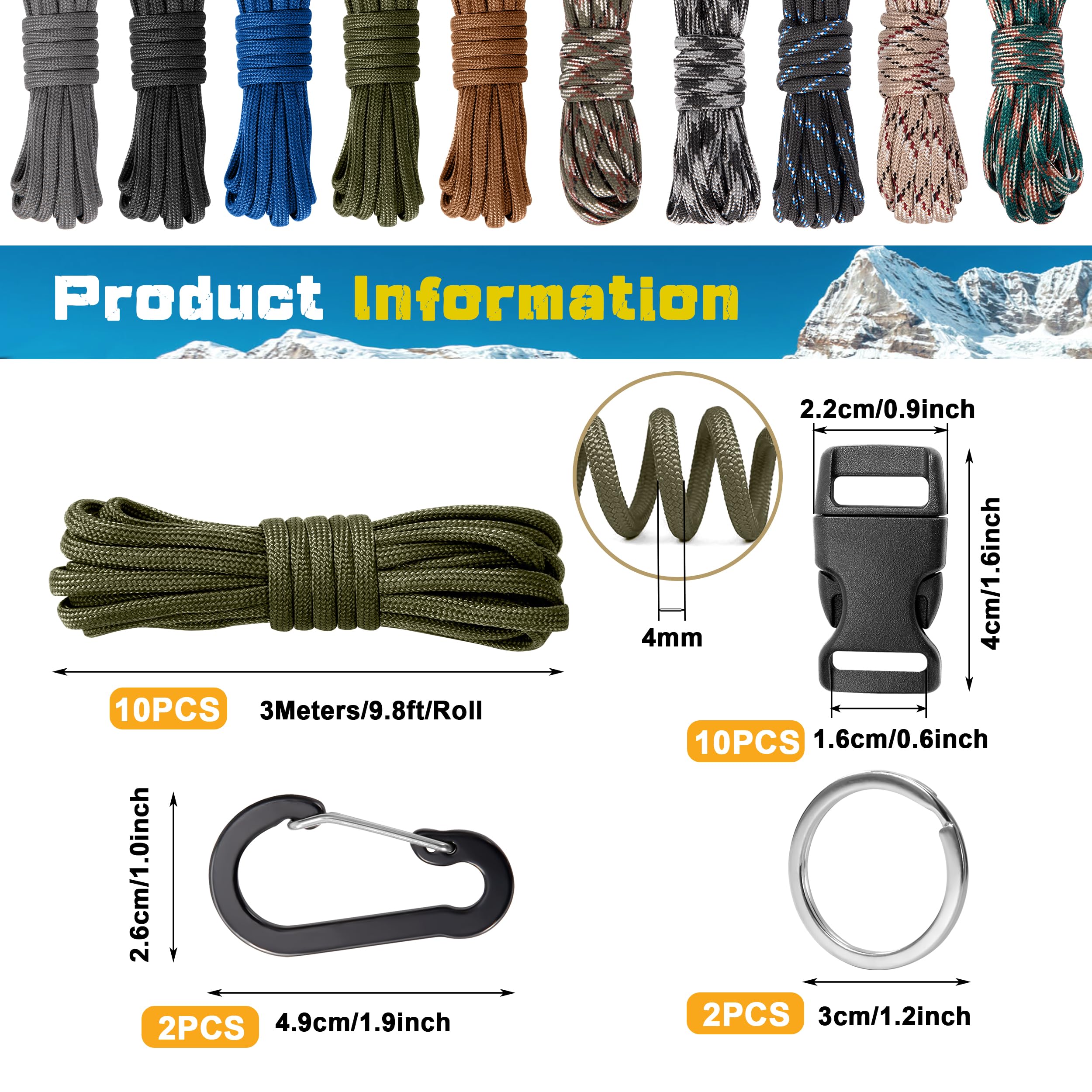 Zestaw Paracord, linka paracord, linka survivalowa typu "zrób to sam", linka spadochronowa, zestaw do rękodzieła z 10 klamrami odblokowującymi, 2 karabińczykami, 2 kółkami na klucze