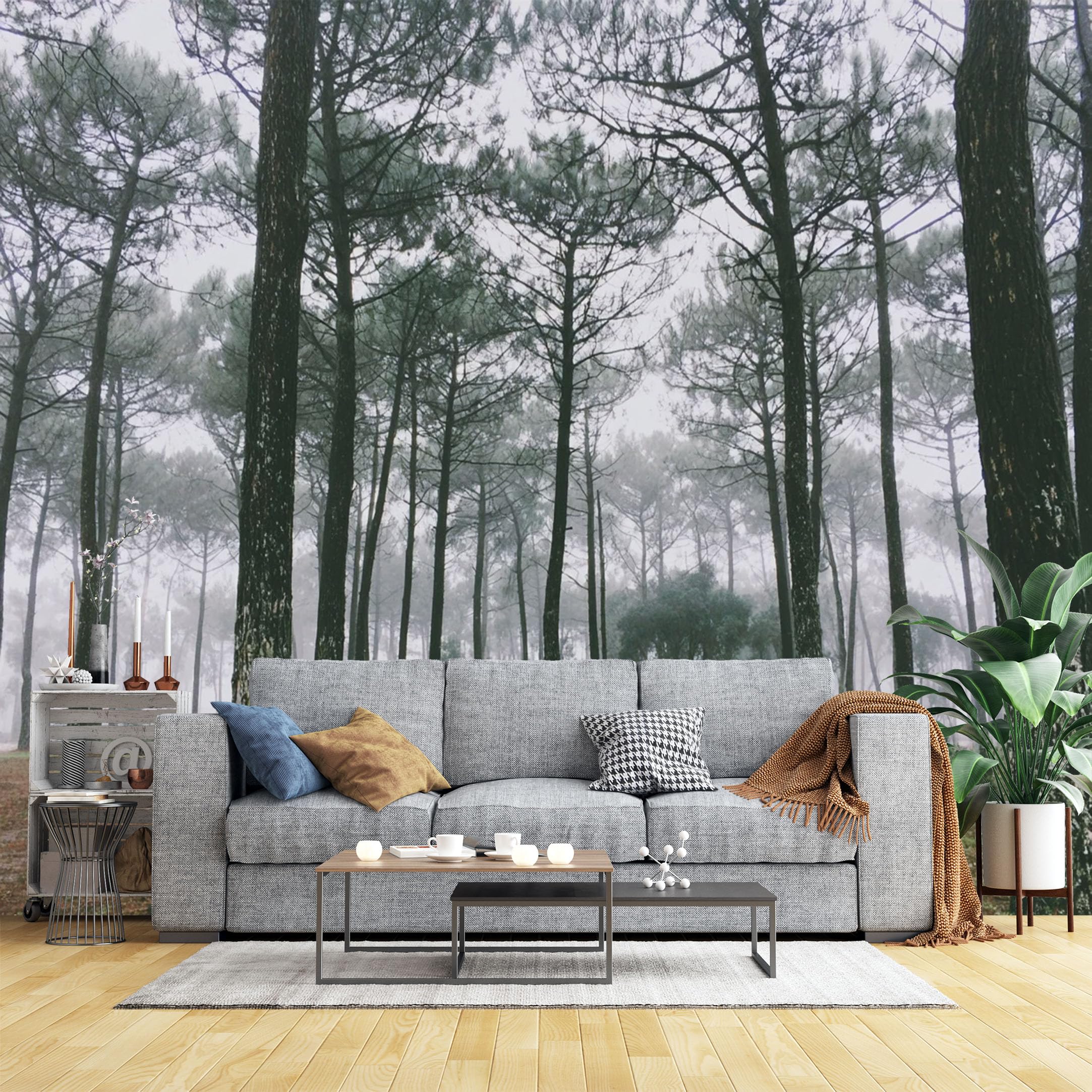Custom Size Wall Murals Misty Pine Forest Wall Murals Serene Nature Wallpaper, HD Self-Adhesive Removable Wallpaper for Living Room