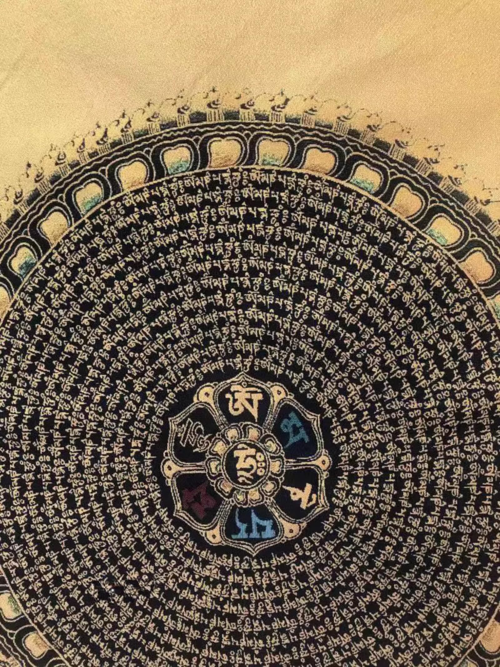 FENNYYAR Tibetische Wandmalerei, Brokat, 6 Zeichen, Mantra Thangka, 90 cm, tibetische Wandmalerei, Dekoration