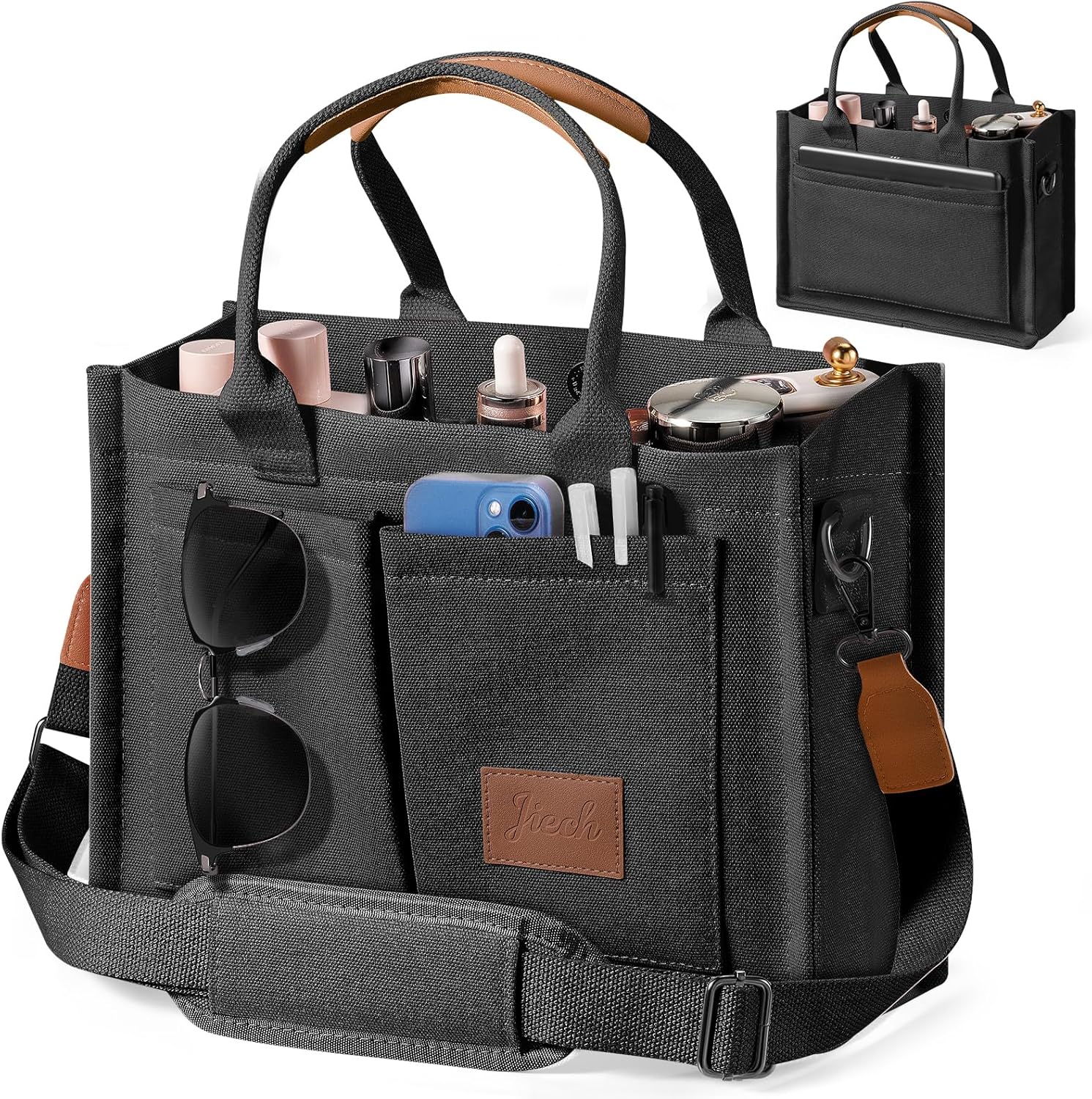 Canvas Tote Bags with Pockets - Women's Everyday Satchel Handbag Black Large