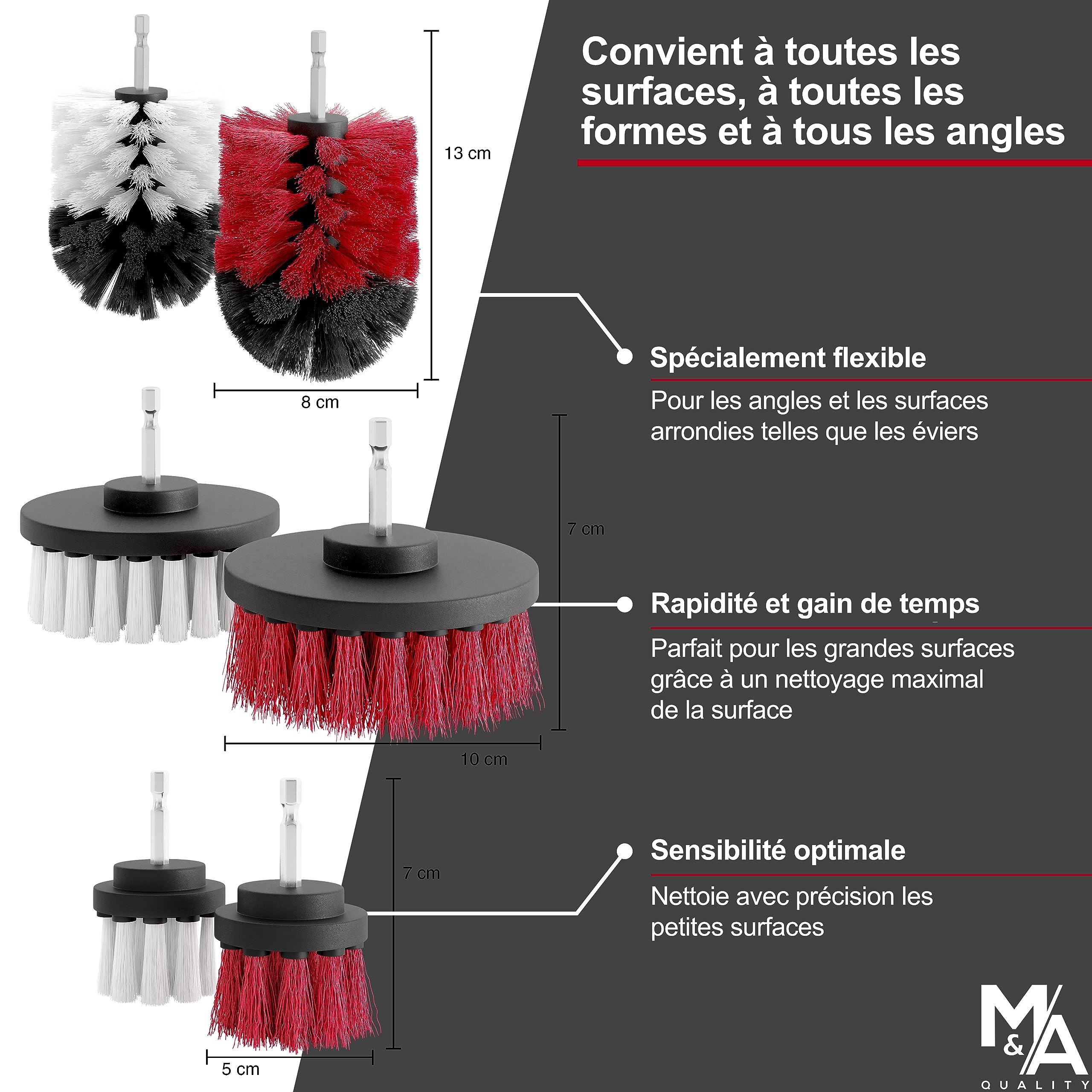 Brosse Nettoyage perceuse sans Fil [Poils Souples et durs] | Nettoie Vite Voiture, Tissus, Jantes, Salle de Bain - Kit Brosse Nettoyage Voiture - Drill Brush
