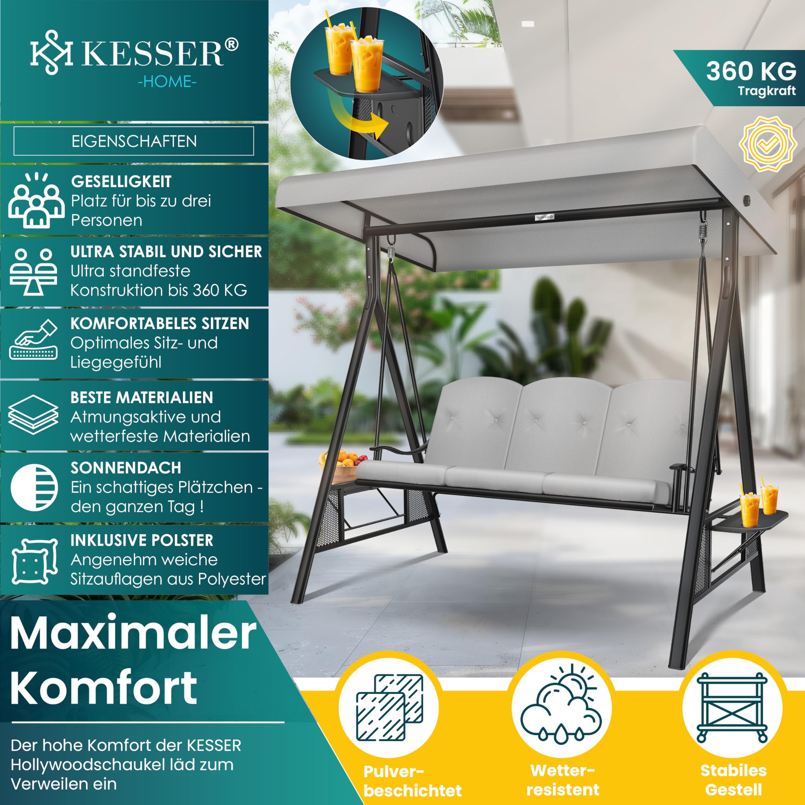 KESSER® Huśtawka ogrodowa z dachem przeciwsłonecznym 3-osobowa i nakładka na siedzisko | huśtawka ogrodowa o obciążeniu do 360 kg | leżak ogrodowy z antypoślizgowymi nóżkami | ławka huśtawka odporna