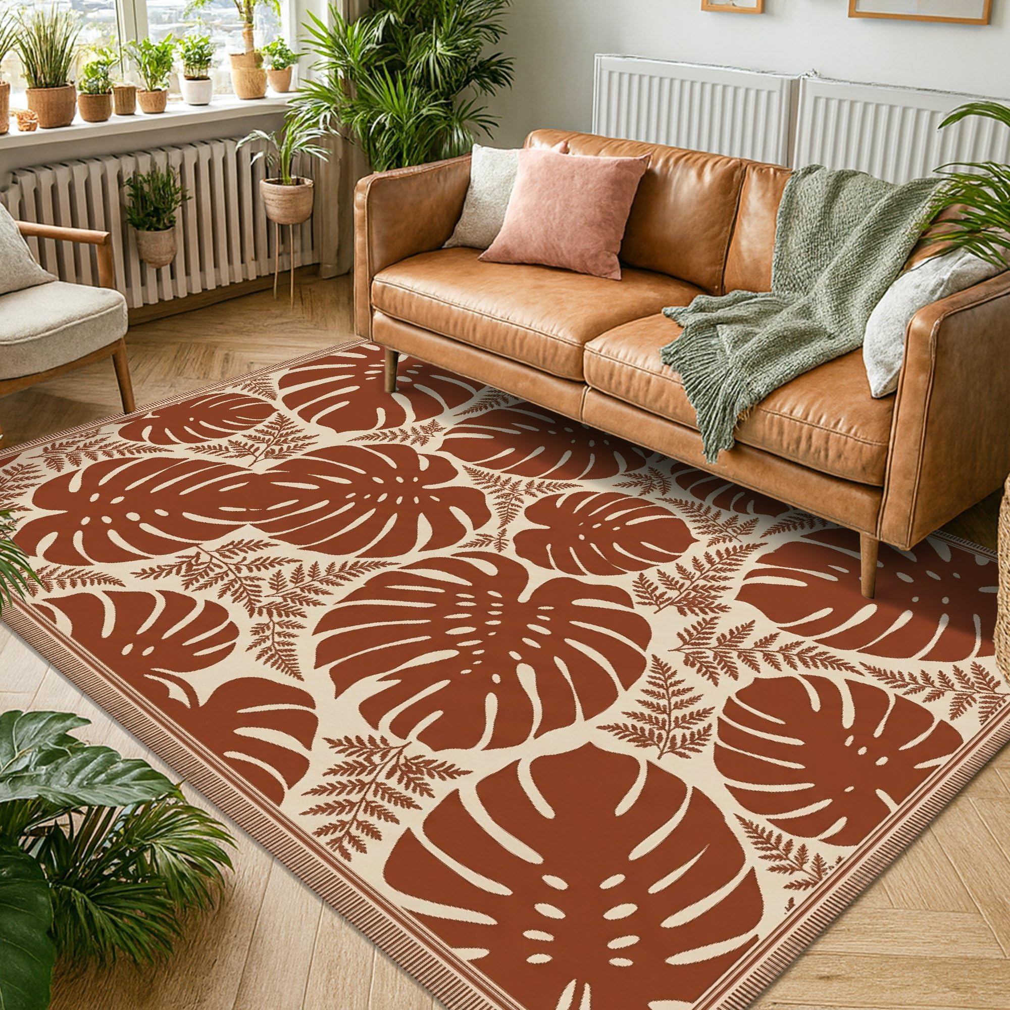 Monstera Alfombra de área tropical, natural, hojas de helecho, verano, marrón, de pelo bajo, esponjosa, suave, rectangular, resistente a las manchas, para sala de estar, dormitorio, aula, decoración