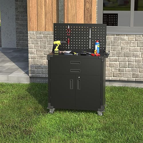 Miniatura 159 de Armario de almacenamiento de metal con tablero de clavijas de 31.5 x 31.5 x 16.5 pulgadas, armario de almacenamiento de acero con cerradura con 5