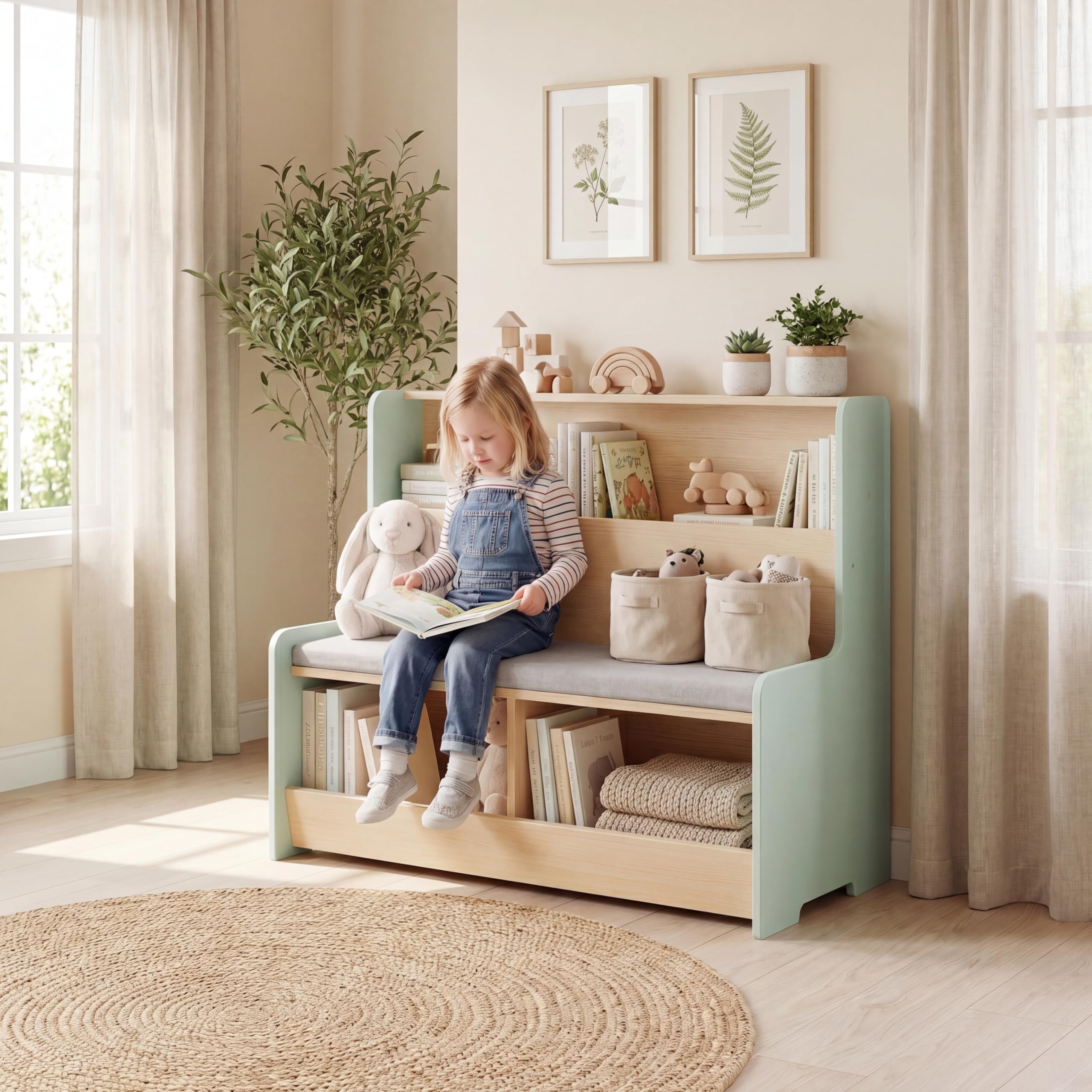 LIFEZEAL Bibliothèque Enfant avec Banc, Étagère à Livres à 2 Niveaux & 2 Compartiments Range-Jouets, Assise Rembourrée, Meuble Rangement pour Chambre d’Enfant, Crèche, pour 3+ Ans (Vert)