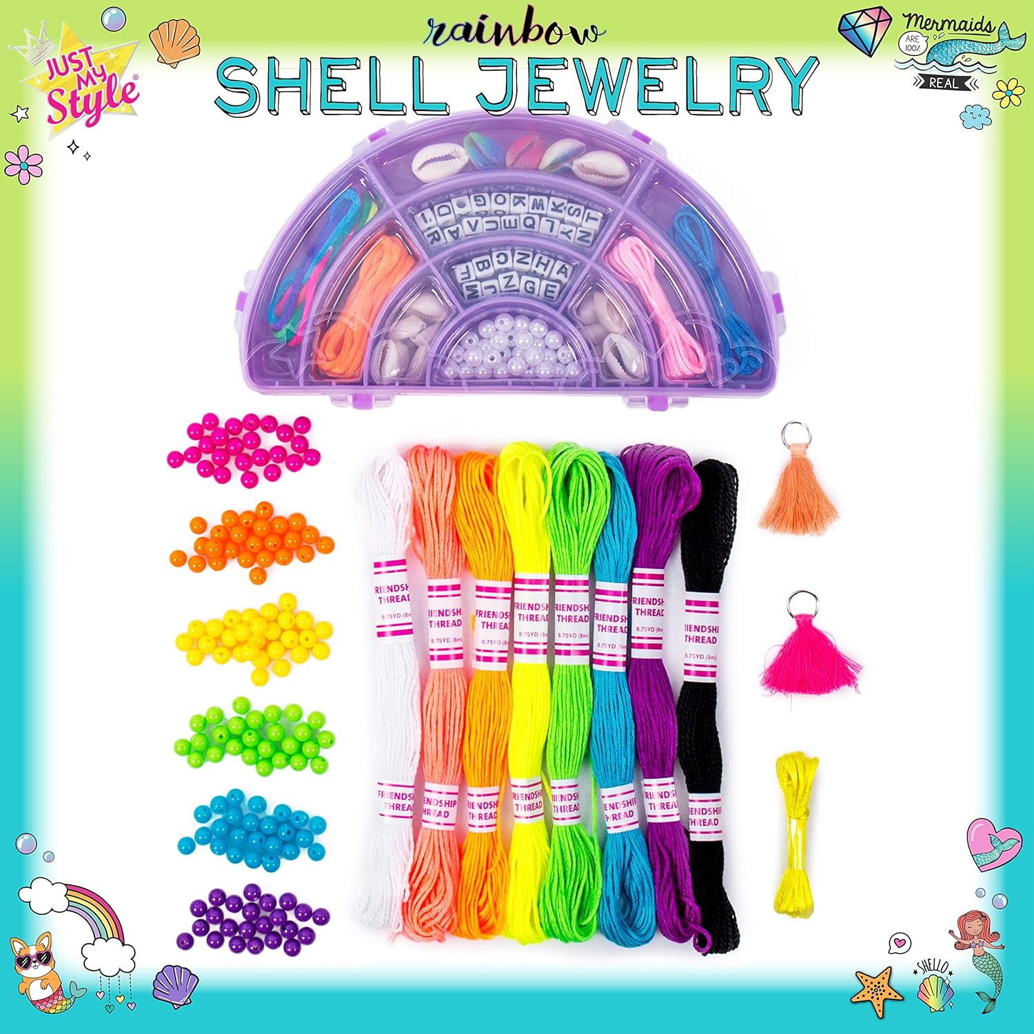 Just My Style Rainbow Shell Jewelry, Create 20 DIY Shell Bracelets, Great for Girl's Night or Sleepover Activity, Friendship Bracelet Kit for Kids Ages 6, 7, 8, 9, Includes Bead Storage Case : Everything Else