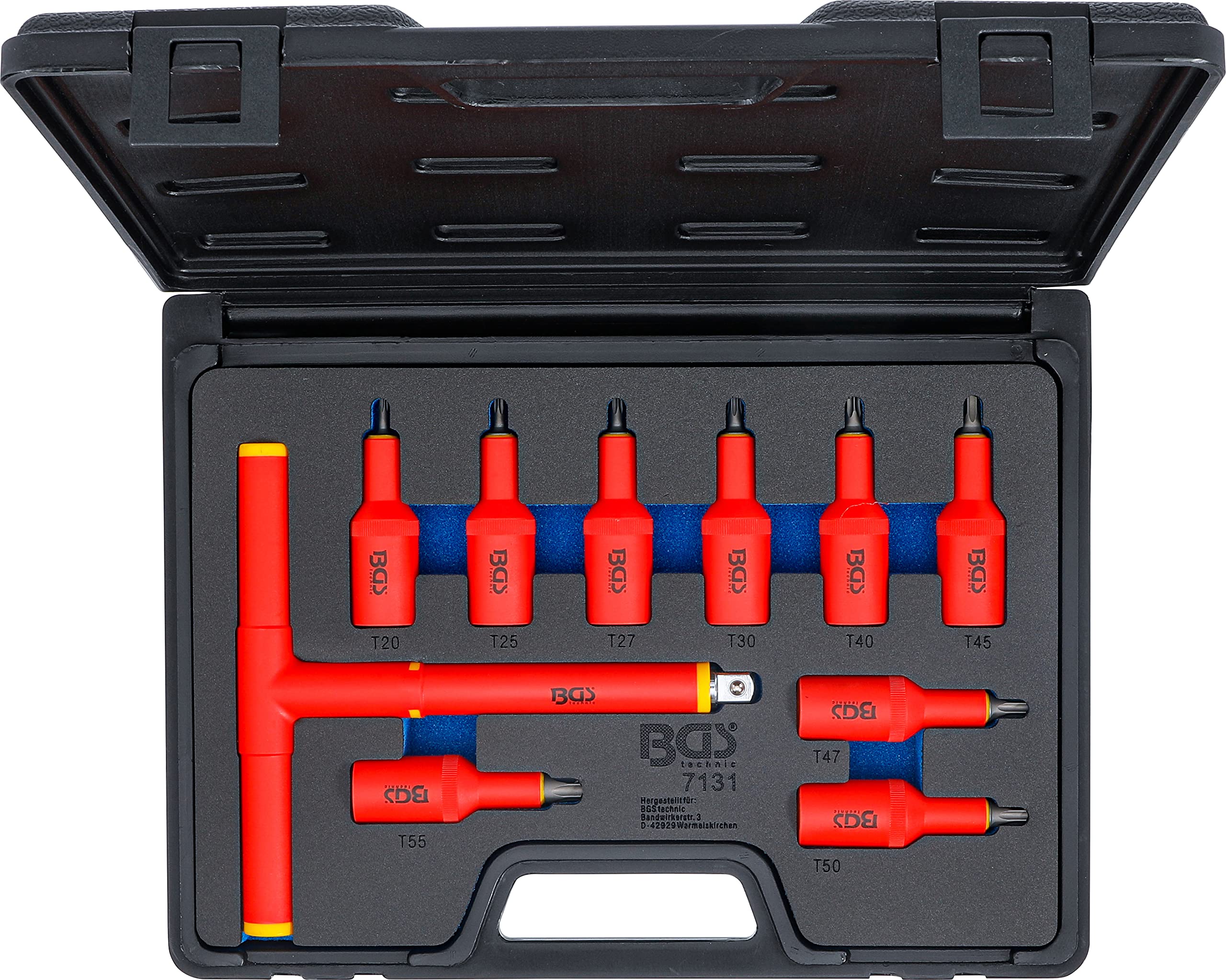 BGS 7131 | Juego de puntas de vaso VDE | entrada 12,5 mm (1/2") | perfil en T (para Torx) T20 - T55 | 10 piezas | Accionamiento cuadrado interior 12,5 mm (1/2") | aislado hasta 1000 V | acero cromo vanadio | mango en T de 205 mm