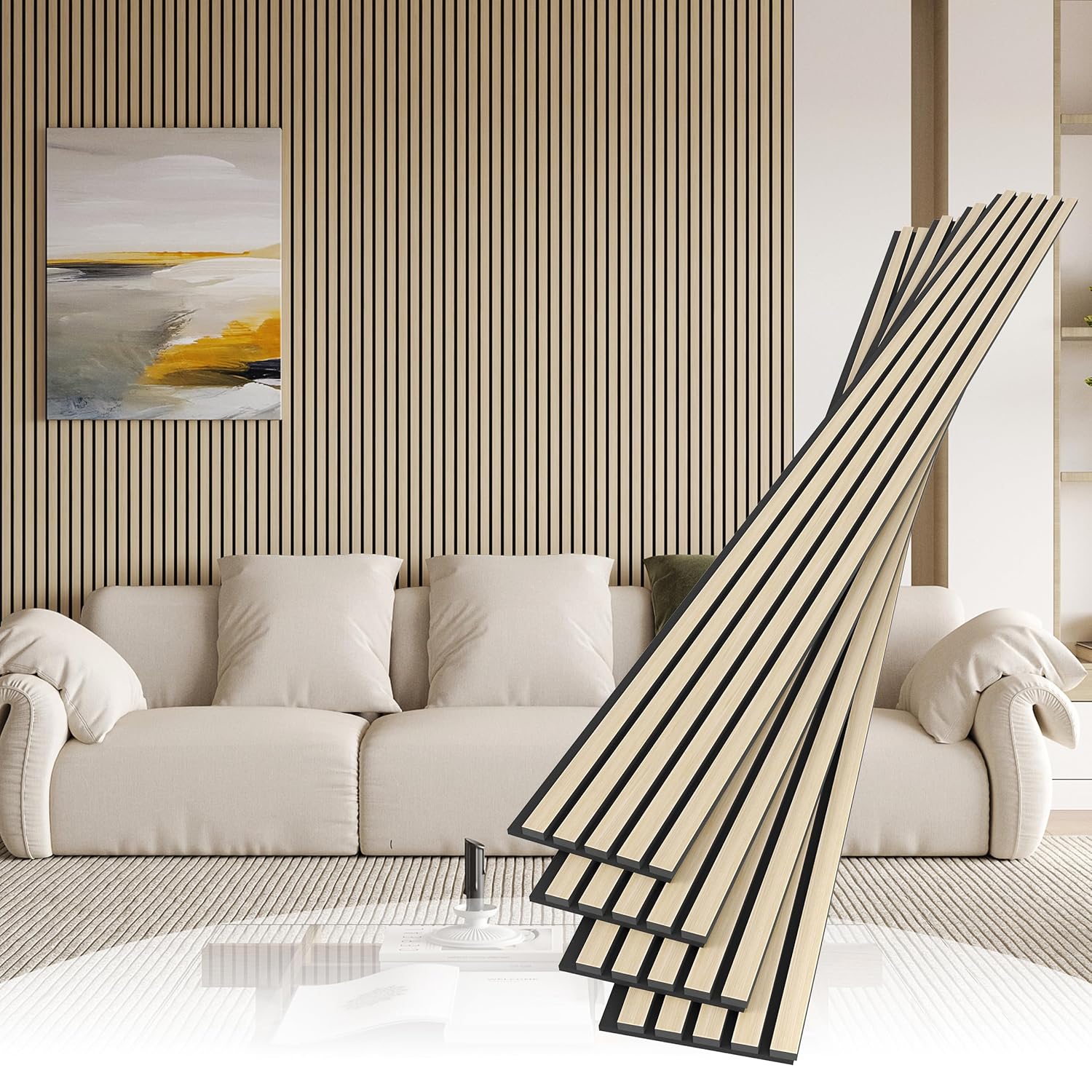 POHARE 4 Pack Wood Slat Wall Wood Paneling,95 x 8 in Soundpoof Wooden Engineered Wooden Slat Wall Panels,Stylish Acoustic Wall Panels for Interior Walls Decor with Felt Backing,Natural