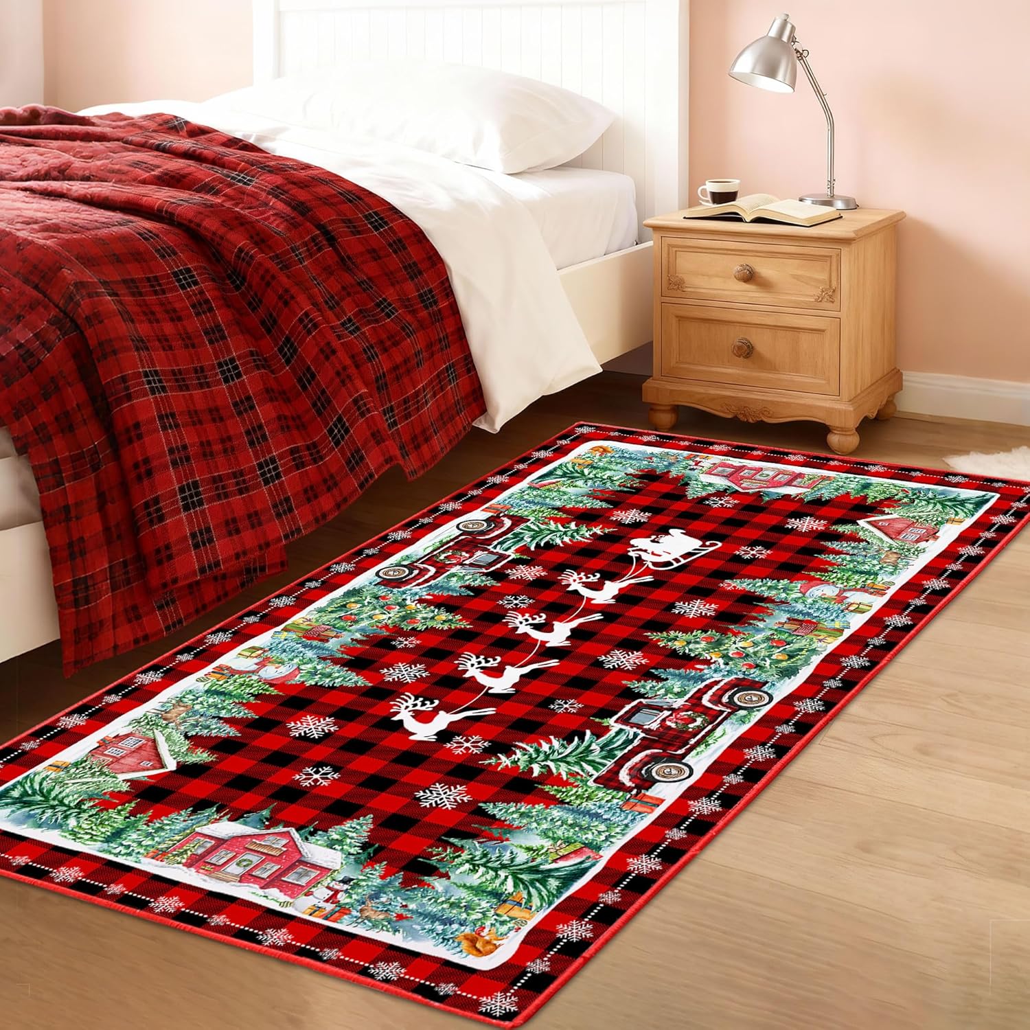 Christmas Area Rug 3x5, Red Plaid Truck Rugs - Xmas Washable Non Slip Low Pile Christmas Carpet for Living Room Bedroom Hallway Holiday Decor