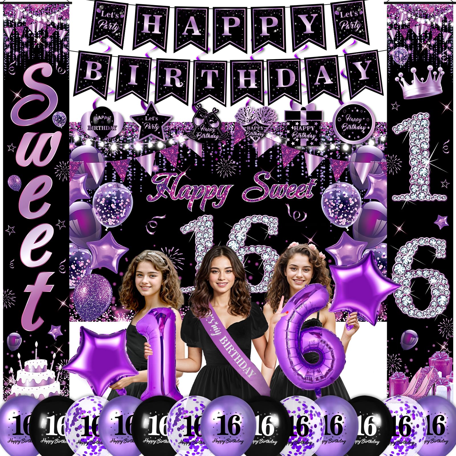 Purple Sweet 16 Birthday Decorations for Girls Purple Black 16th Birthday Banner Hanging Swirls Sweet 16 Porch Banner Backdrop Balloons Sash for Sweet