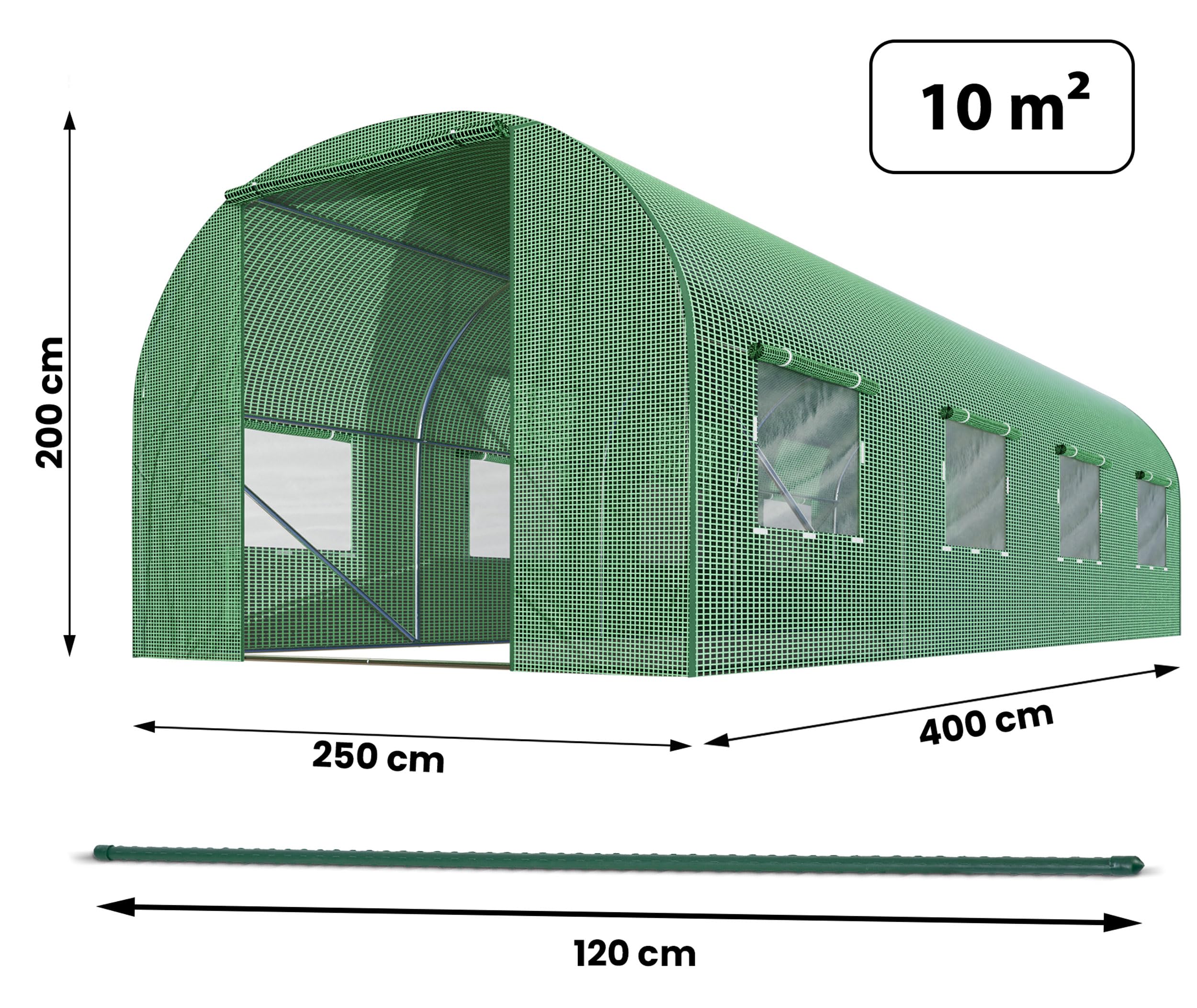 Serra a tunnel con telaio in acciaio, set con supporto per piante, 2,5 x 4 x 2 m, 10 m², verde