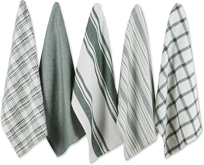 DII Assorted Woven, Kitchen Dishtowel Set, 18x28, Dark Green, 5 Piece