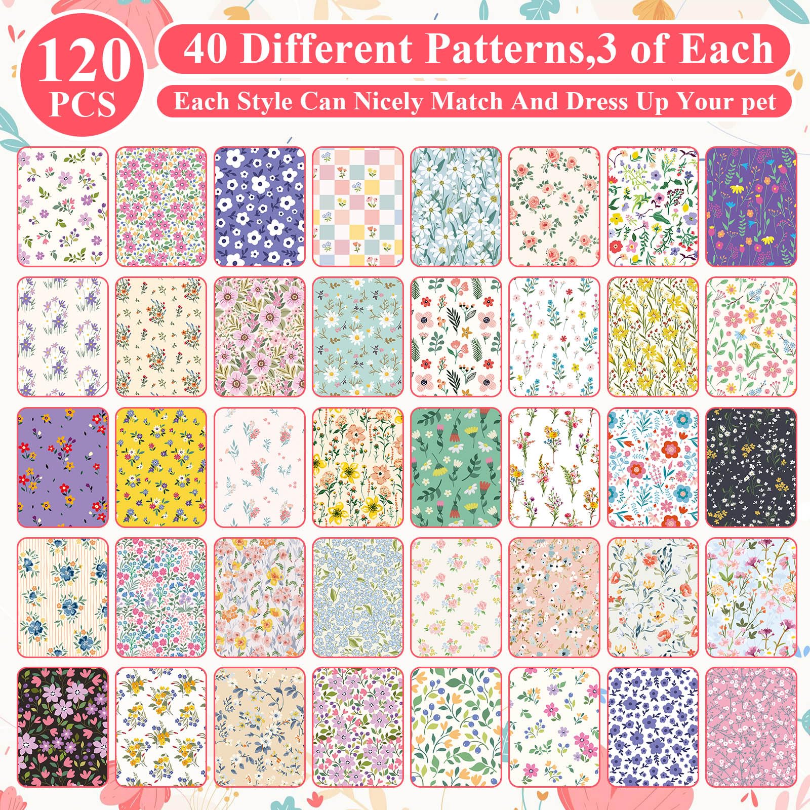 Reginary Paquete de 120 bandanas para perro, bufanda ajustable para perros de primavera, bufanda floral para mascotas, bufandas lavables triangulares, baberos para gatos y mascotas