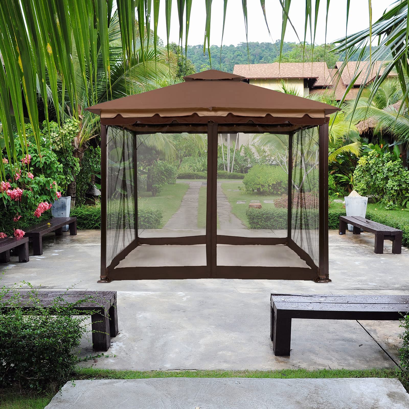 Zanzariera con cerniera per tenda a baldacchino universale per esterni, 3 x 3 m, tenda fai da te, per patio, gazebo (solo zanzariera, gazebo marrone, zanzariera 3 x 3 m)
