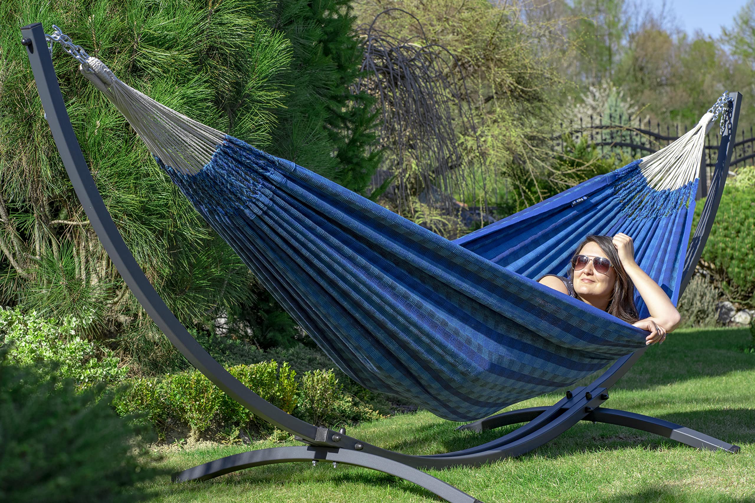 Potenza Hamac Colombien avec Support en Acier Grande | pour 2 Personnes | Hamac 230x160 | Charge Maximale jusqu'à 220 kg (Bleu)