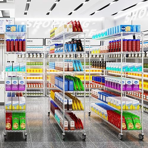 Miniatura 9 de NSF - Estantería de alambre de metal resistente de 6 niveles, capacidad de 6000 libras, ajustable, con ruedas de 5 pulgadaspies de nivelación y