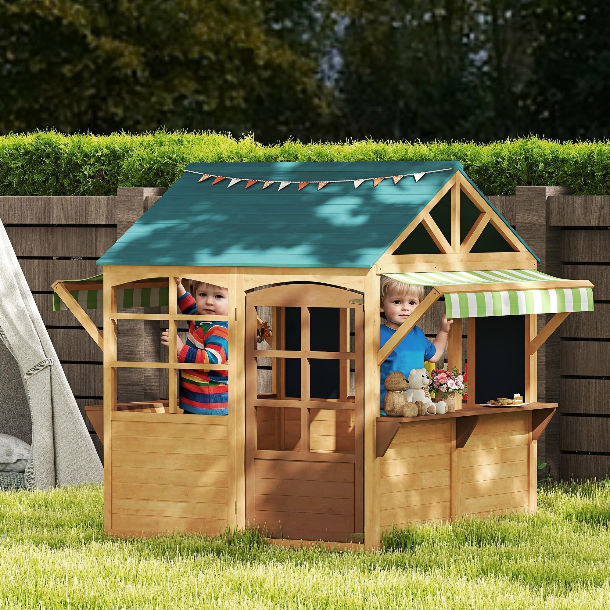 AIYAPLAY Casetta per Bambini in Legno di Abete, Casetta da Giardino Pieghevole con 5 Finestre, Tettoia, Porta e 2 Lavagne Nere, Casa da Esterno per Bimbi 3-8 Anni, 173x117x144 cm, Marrone