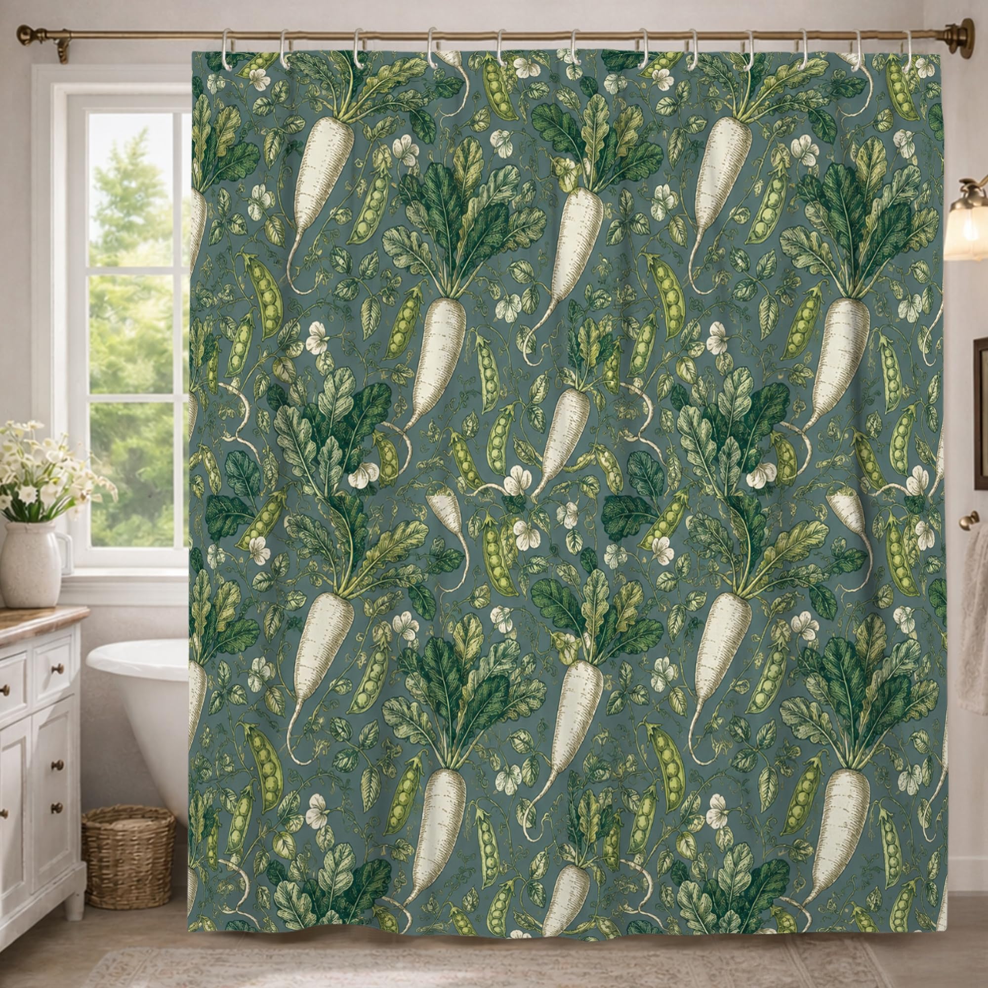 Rideau de douche extra long motif feuilles de pois pour ambiance spa nature