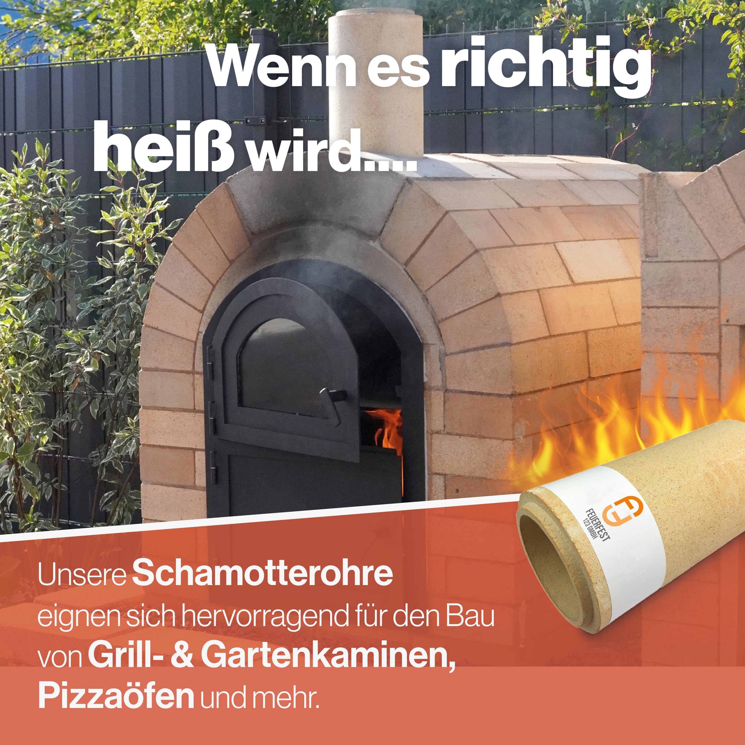 Feuerfest 123 - Schamotterohr Ofen [Ø 120x300 mm] (Innendurchmesser x Länge) - Für Kaminöfen, Öfen & Grills - Schamottstein 1.400 °C hitzebeständig - Ofenrohr aus Schamotte - Mit Nut und Feder