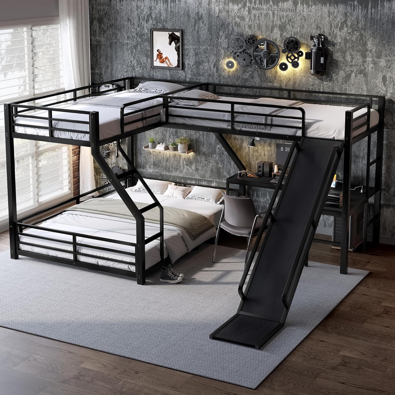 Twin XL Over Queen Bunk Bed Frame with Twin Size Loft Beds, Heavy Duty Triple Bunk Bed with Slide, Charging Station(USB Ports & Outlets), Metal Triple Bunk Beds with L-Shaped Desk
